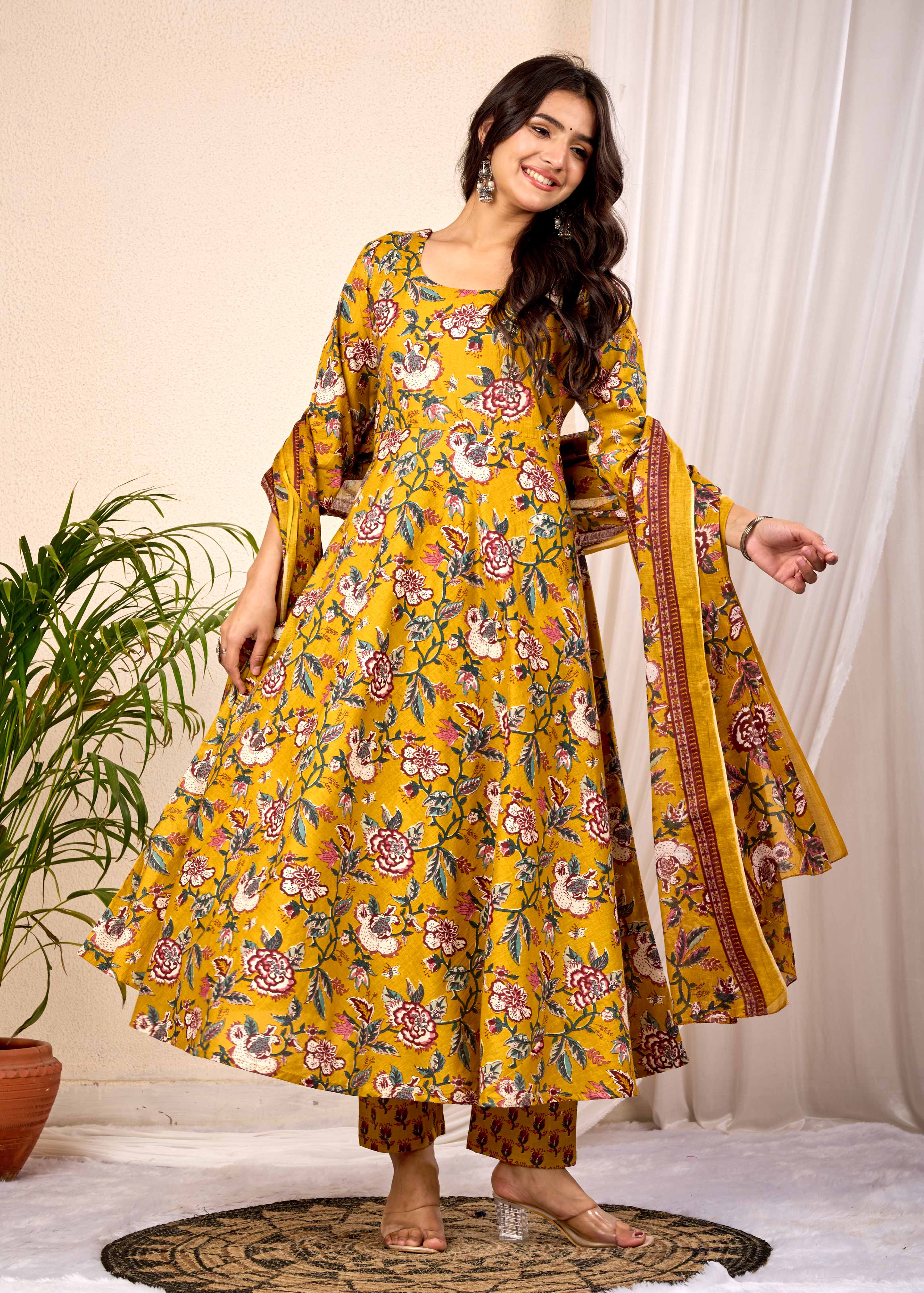 SUNLIGHT BLUSH HAND CRAFTED FLORAL ANAKALI COTTON SUIT SET