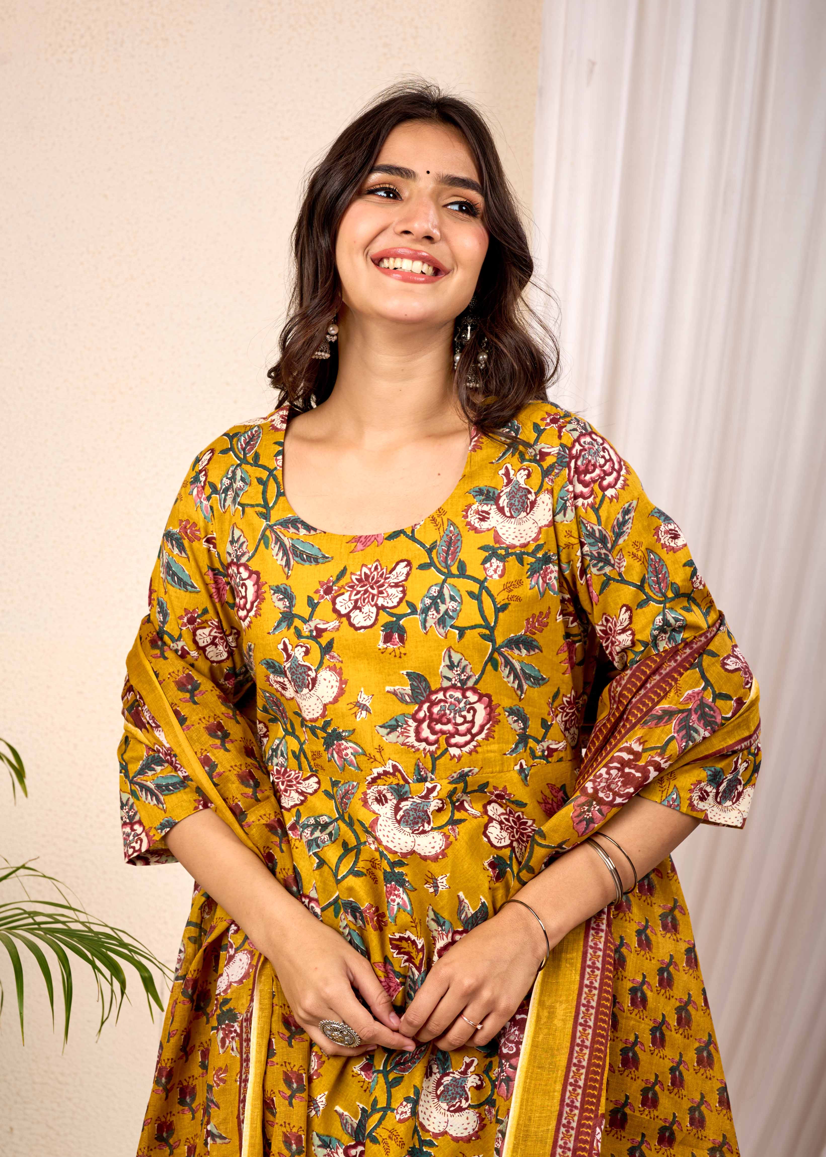 SUNLIGHT BLUSH HAND CRAFTED FLORAL ANAKALI COTTON SUIT SET
