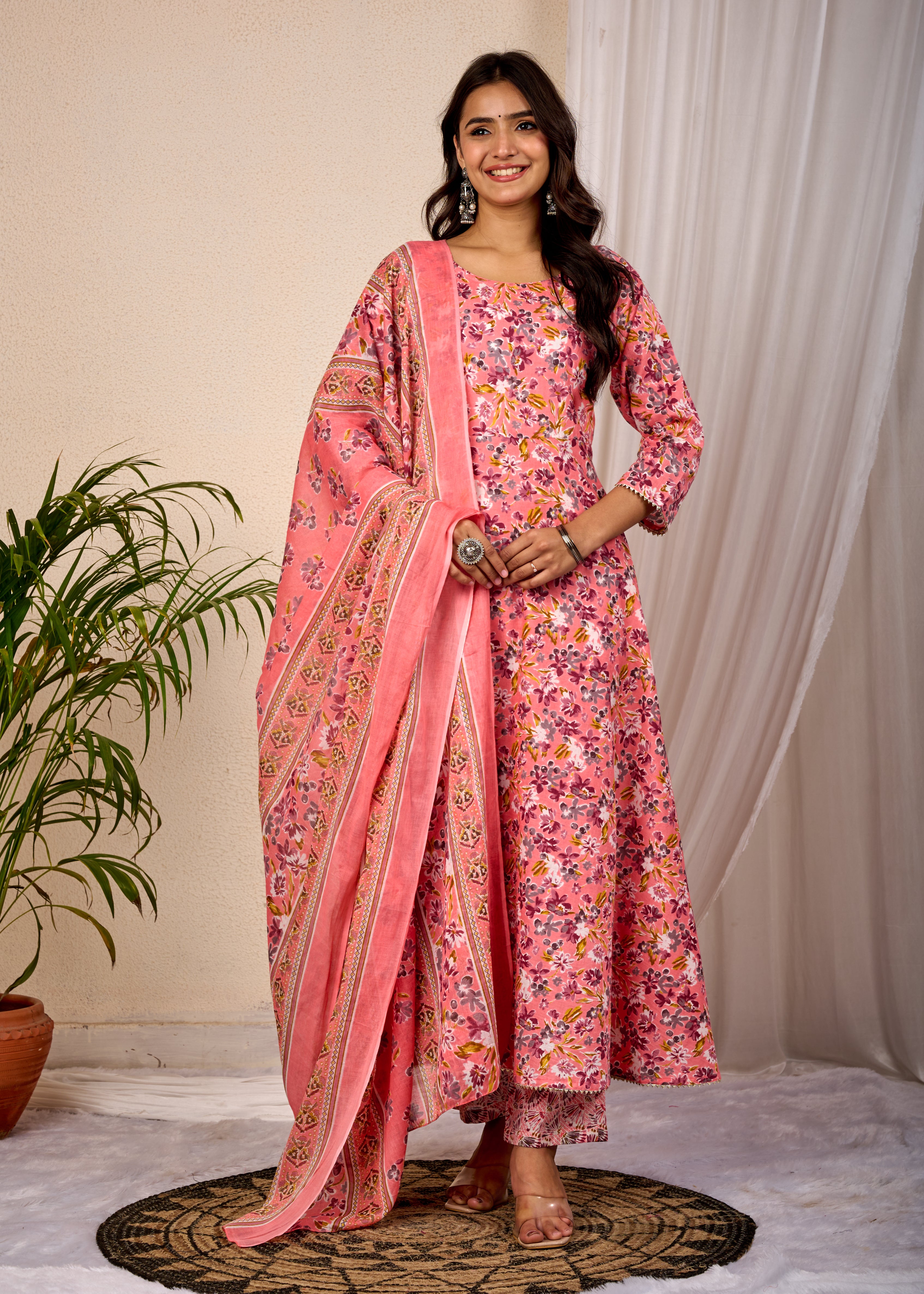 BALLON FLOWER HAND CRAFTED COTTON ANARKALI SUIT SET