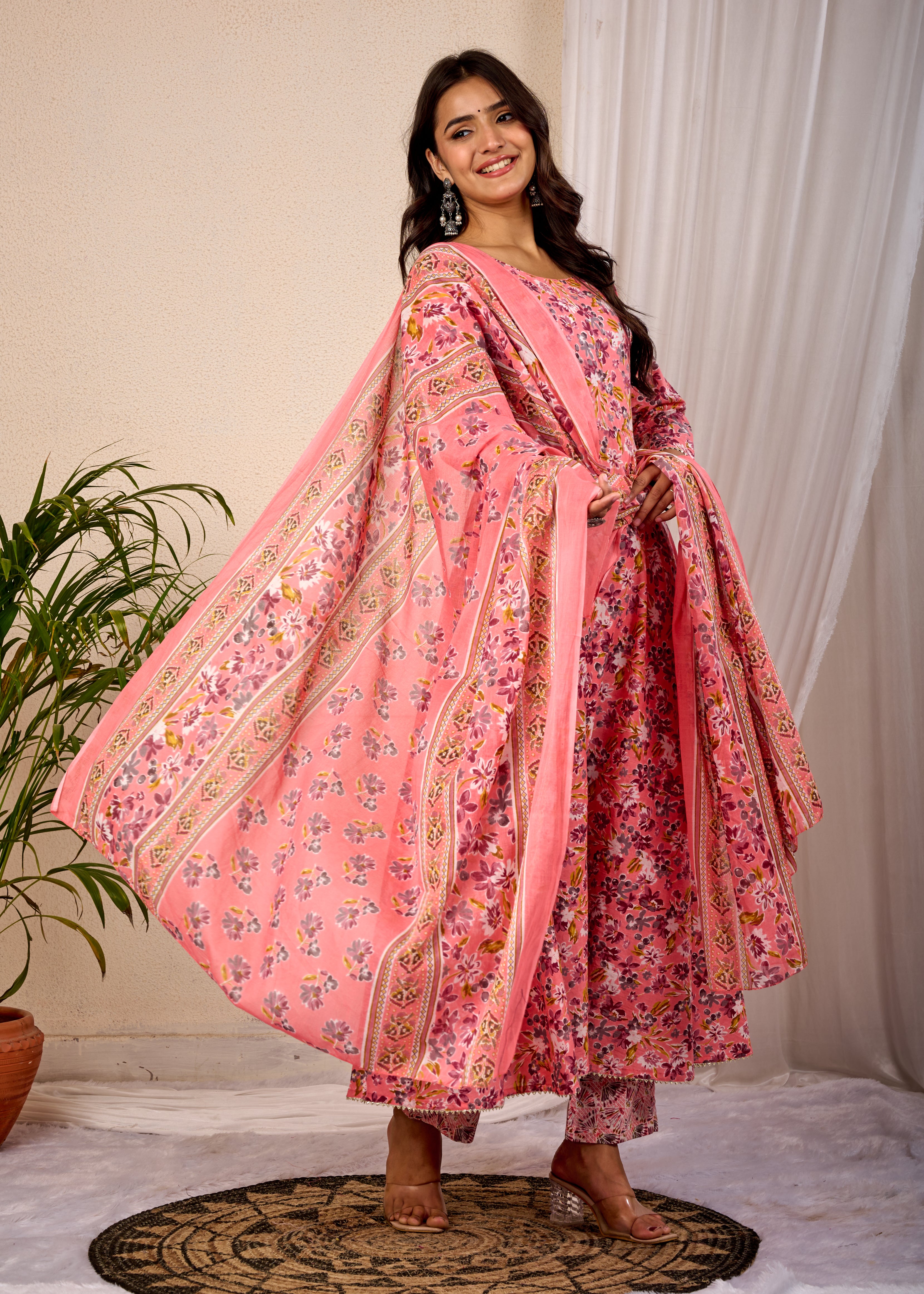 BALLON FLOWER HAND CRAFTED COTTON ANARKALI SUIT SET