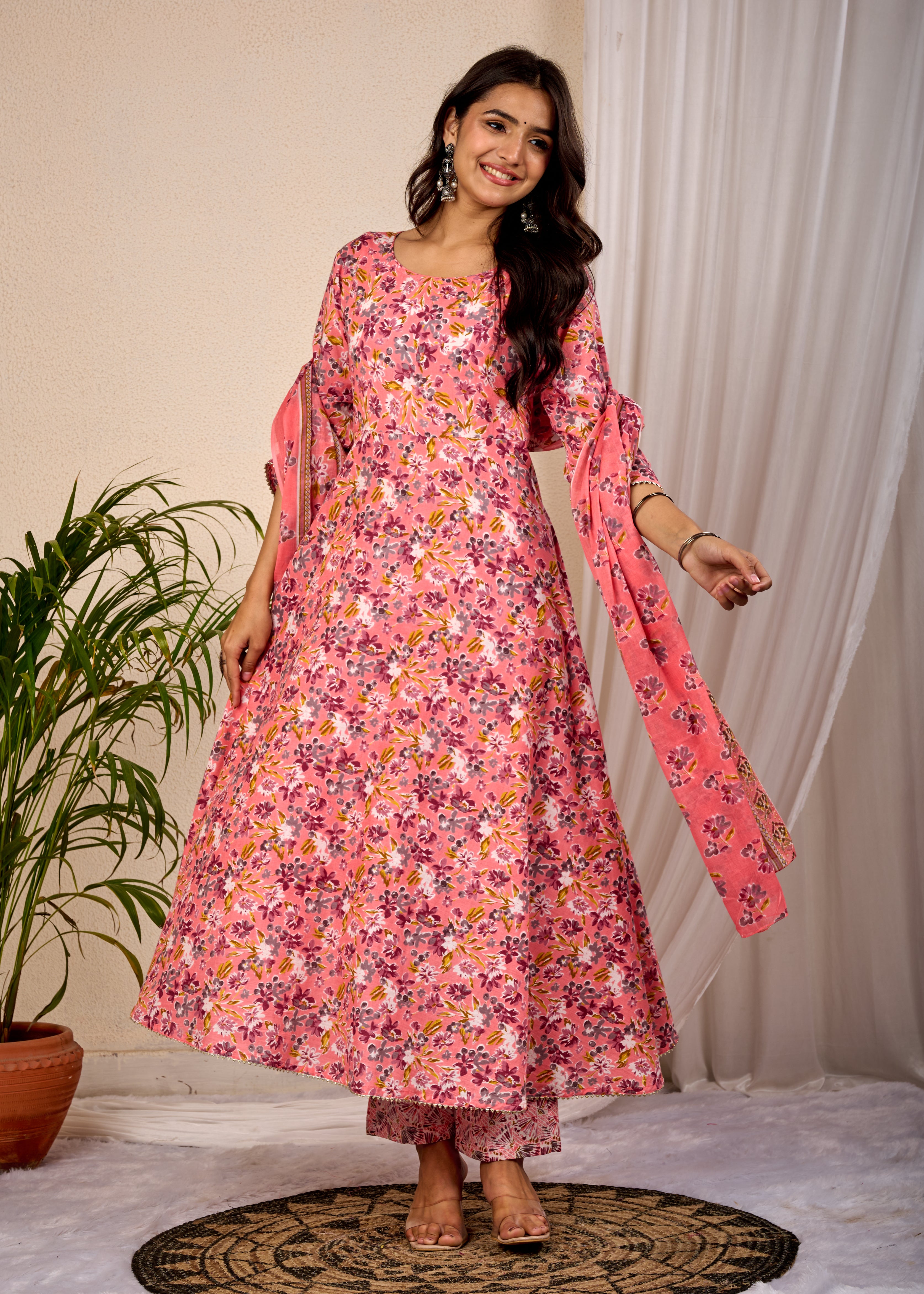 BALLON FLOWER HAND CRAFTED COTTON ANARKALI SUIT SET