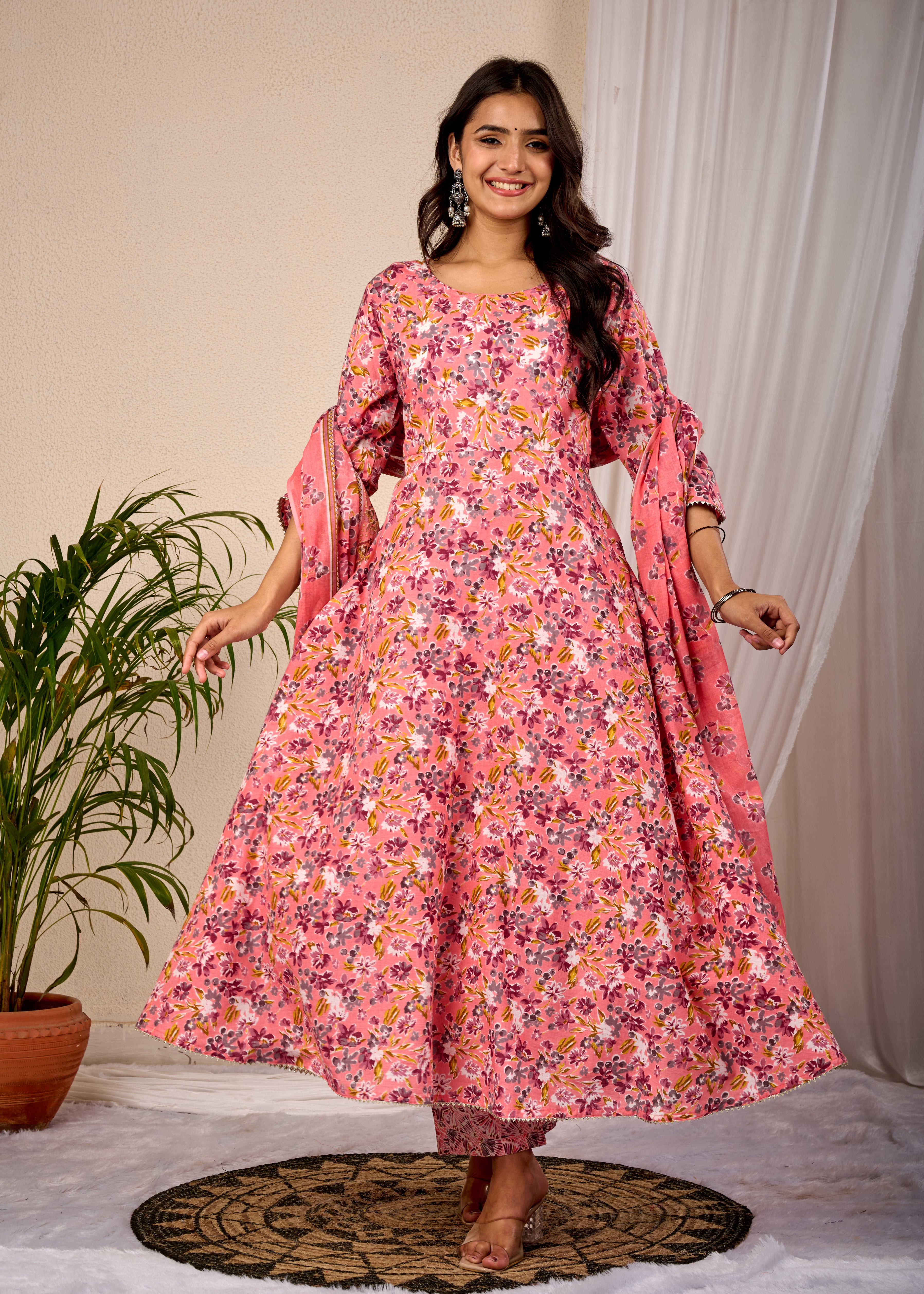BALLON FLOWER HAND CRAFTED COTTON ANARKALI SUIT SET
