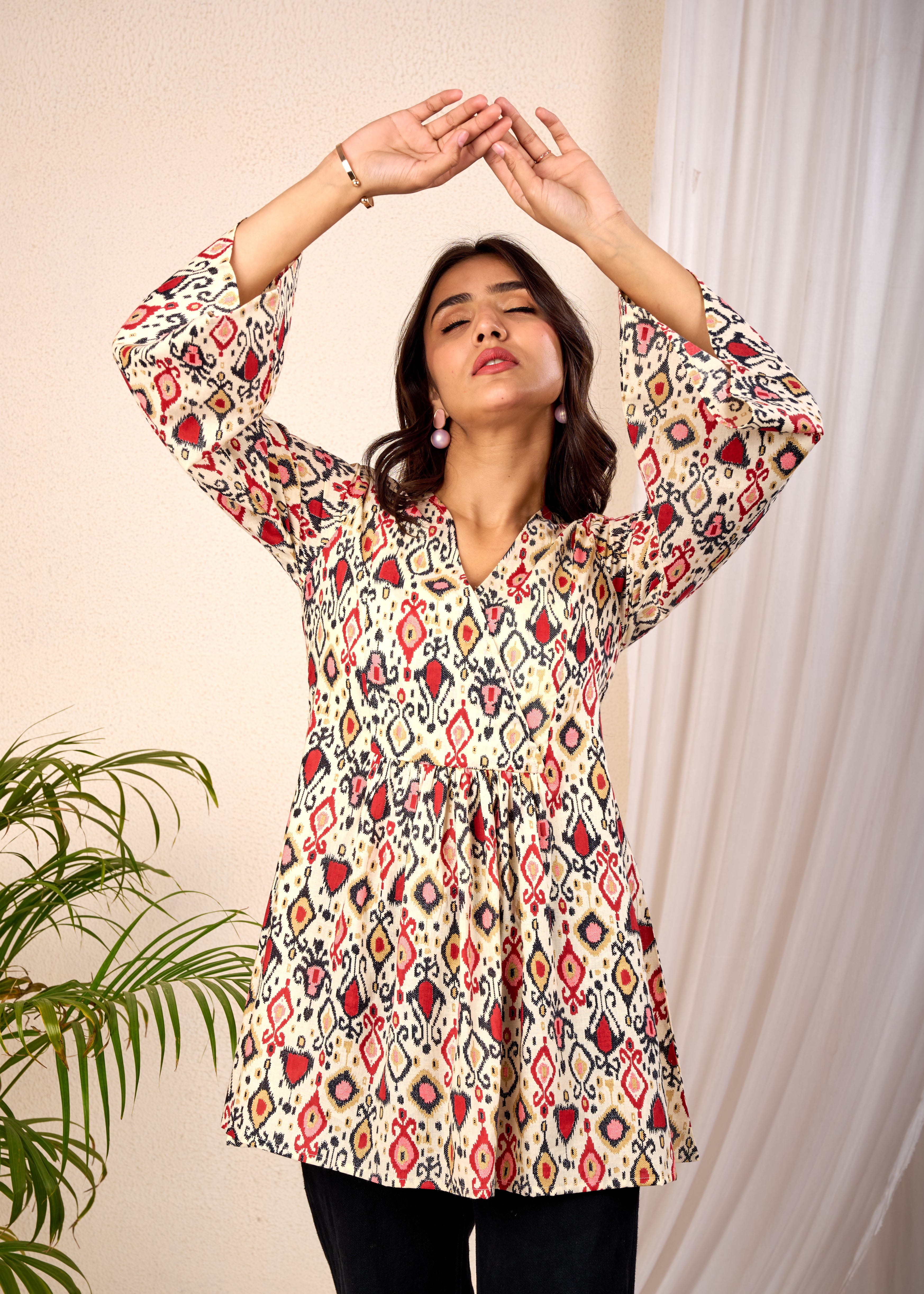 RIVAAYAT OFF WHITE HAND CRAFTED COTTON SHORT KURTI