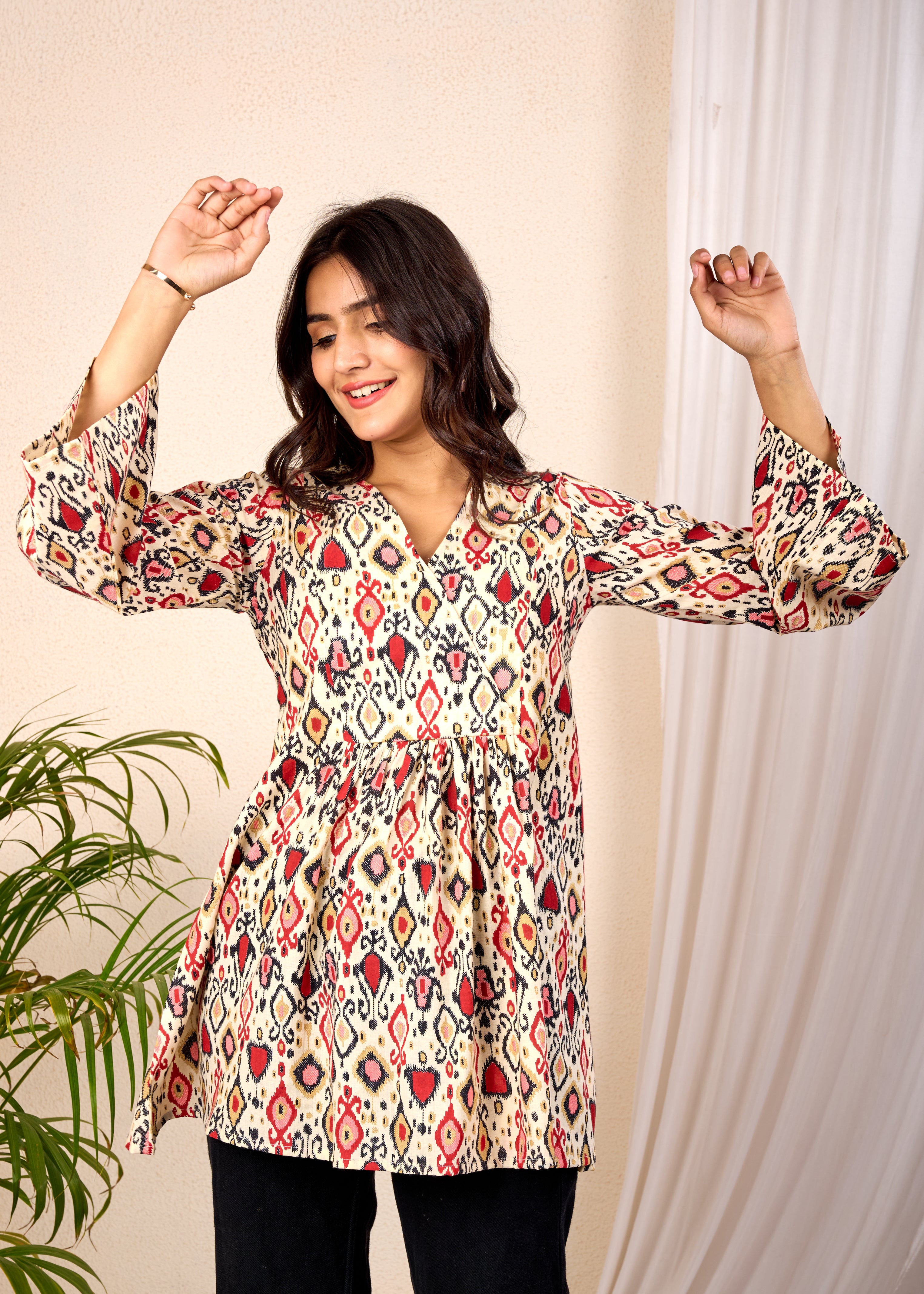 RIVAAYAT OFF WHITE HAND CRAFTED COTTON SHORT KURTI