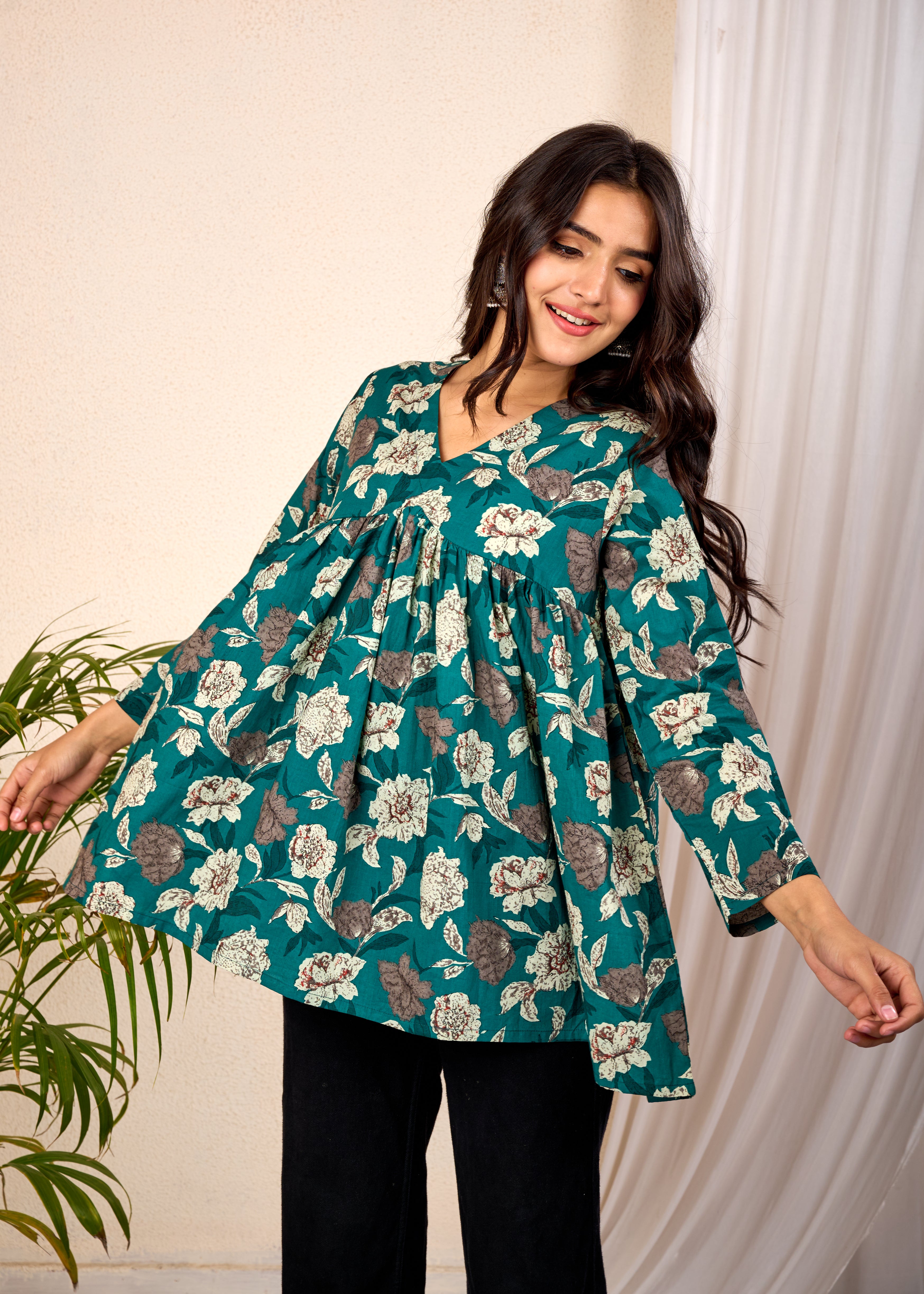 RASIKA GREEN HAND CRAFTED FLORAL PEPLUM TOP