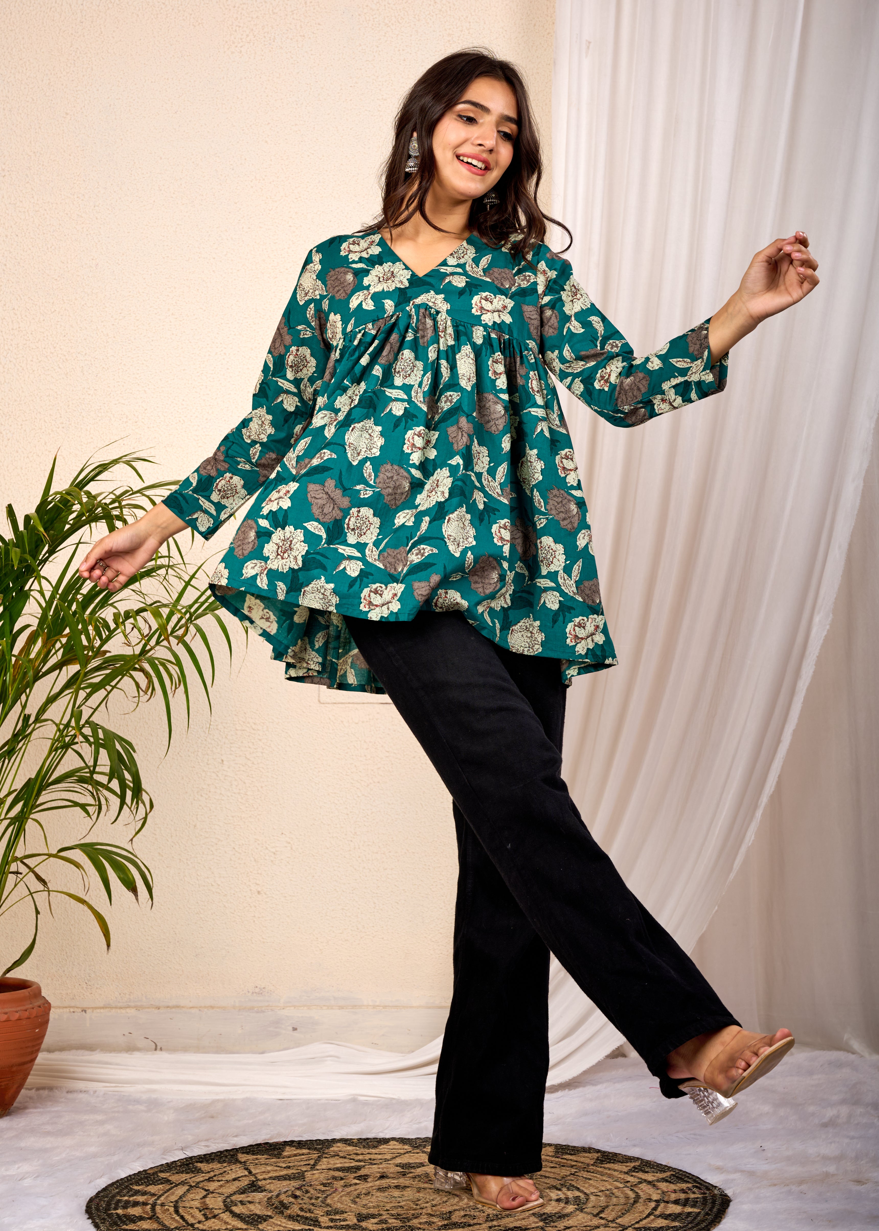 RASIKA GREEN HAND CRAFTED FLORAL PEPLUM TOP