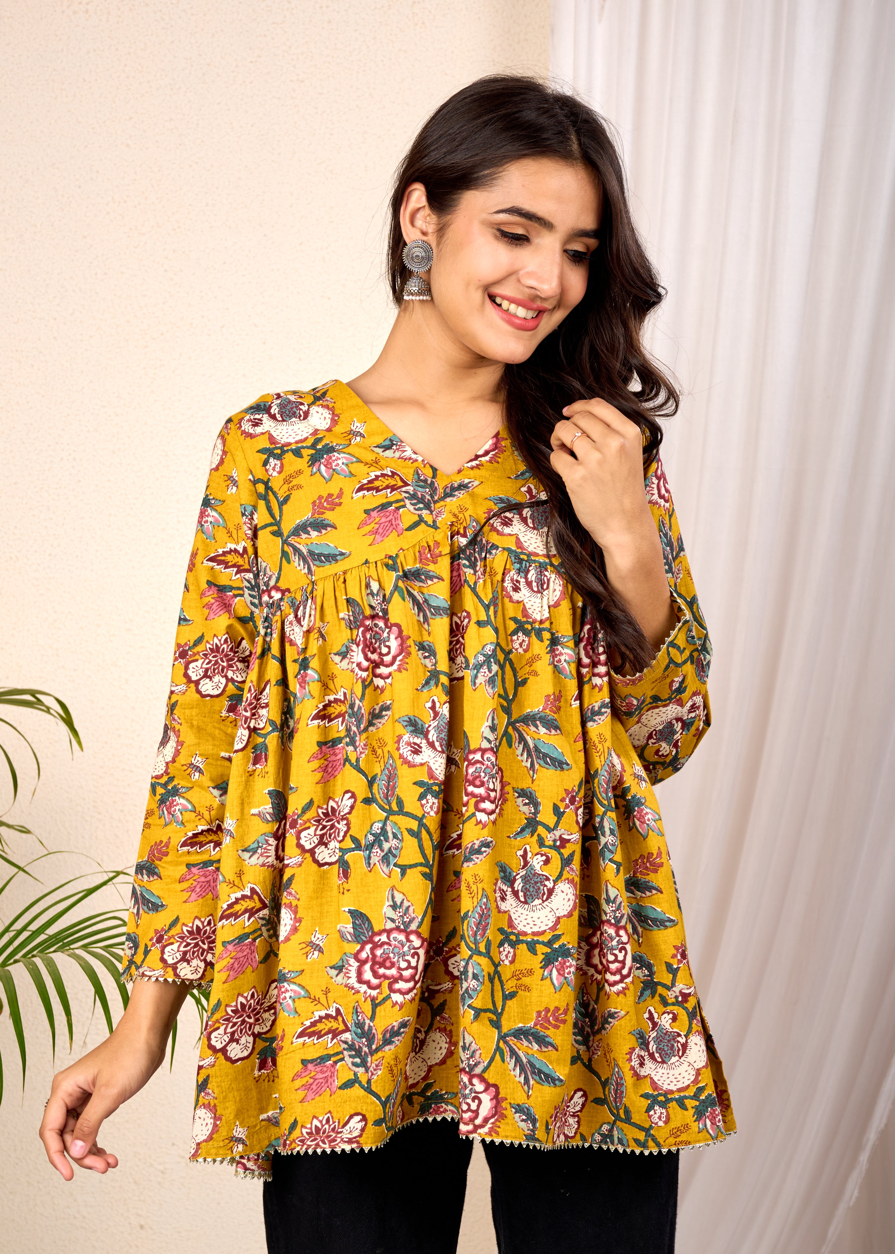 VEDIC MUSTARD HAND CRAFTED COTTON PEPLUM TOP