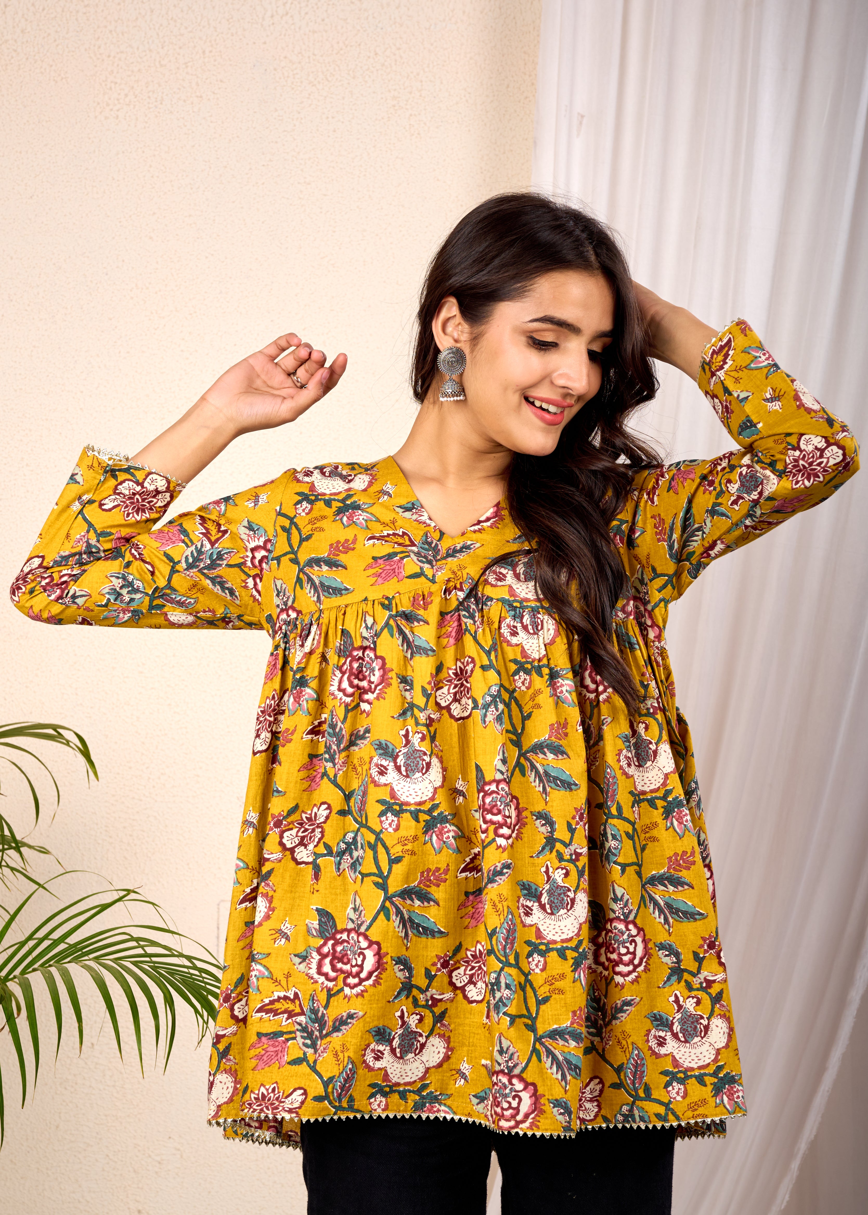 VEDIC MUSTARD HAND CRAFTED COTTON PEPLUM TOP