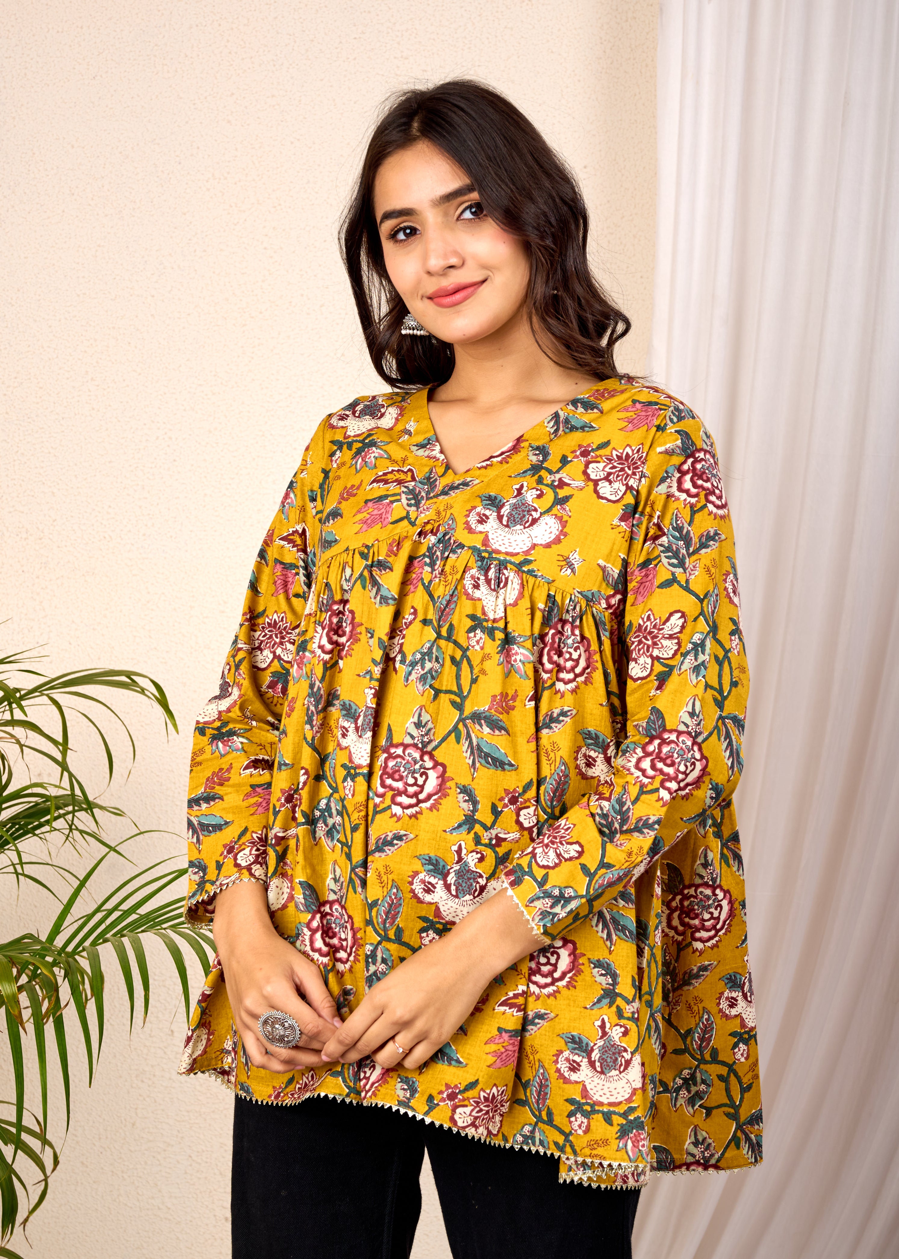 VEDIC MUSTARD HAND CRAFTED COTTON PEPLUM TOP