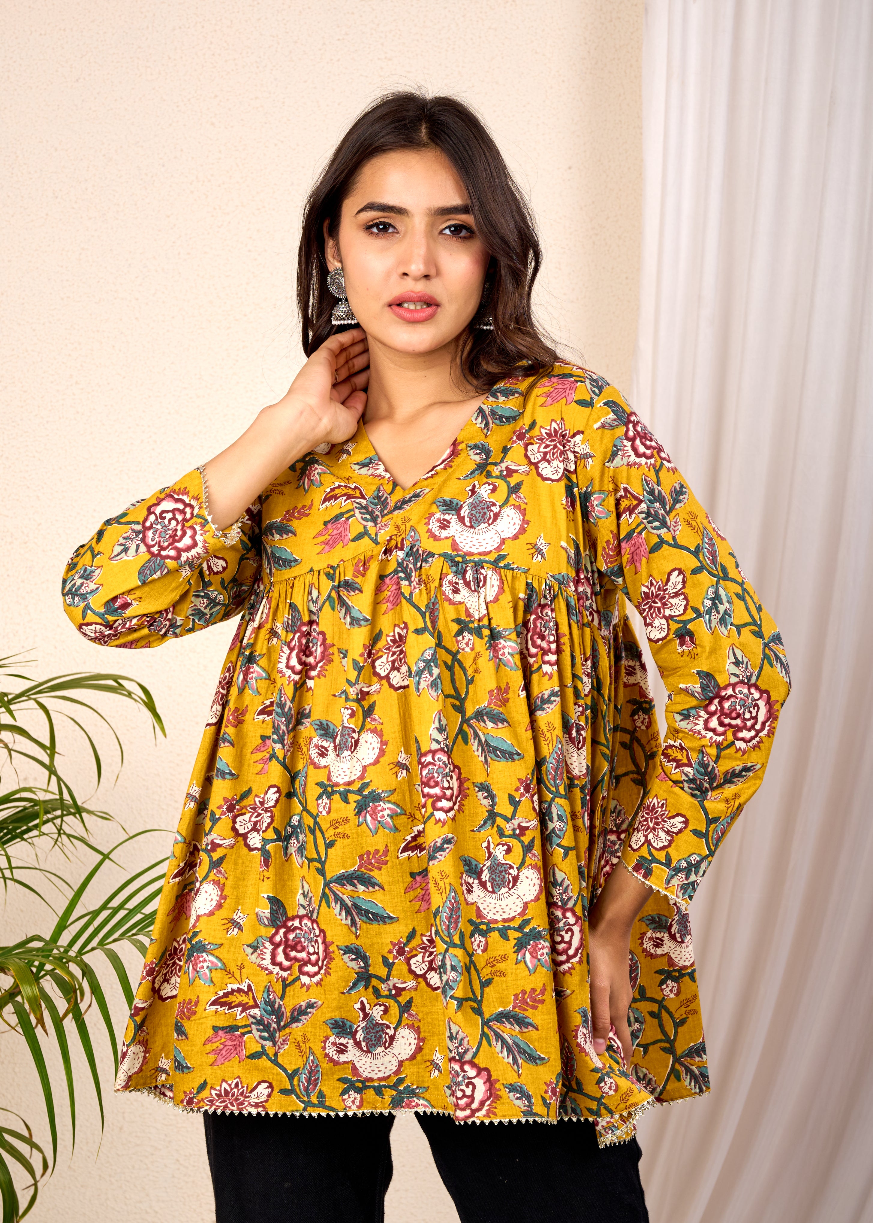 VEDIC MUSTARD HAND CRAFTED COTTON PEPLUM TOP