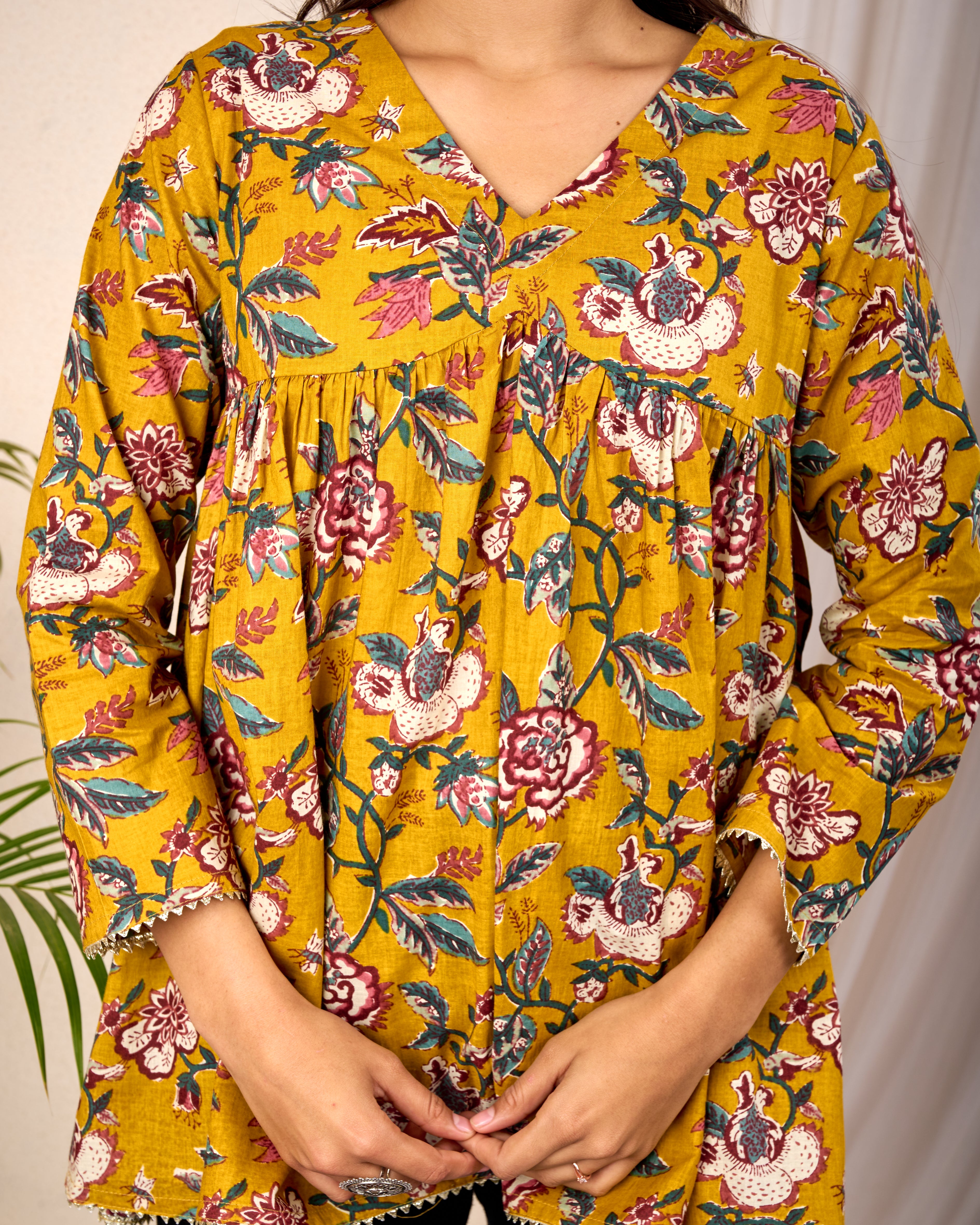 VEDIC MUSTARD HAND CRAFTED COTTON PEPLUM TOP