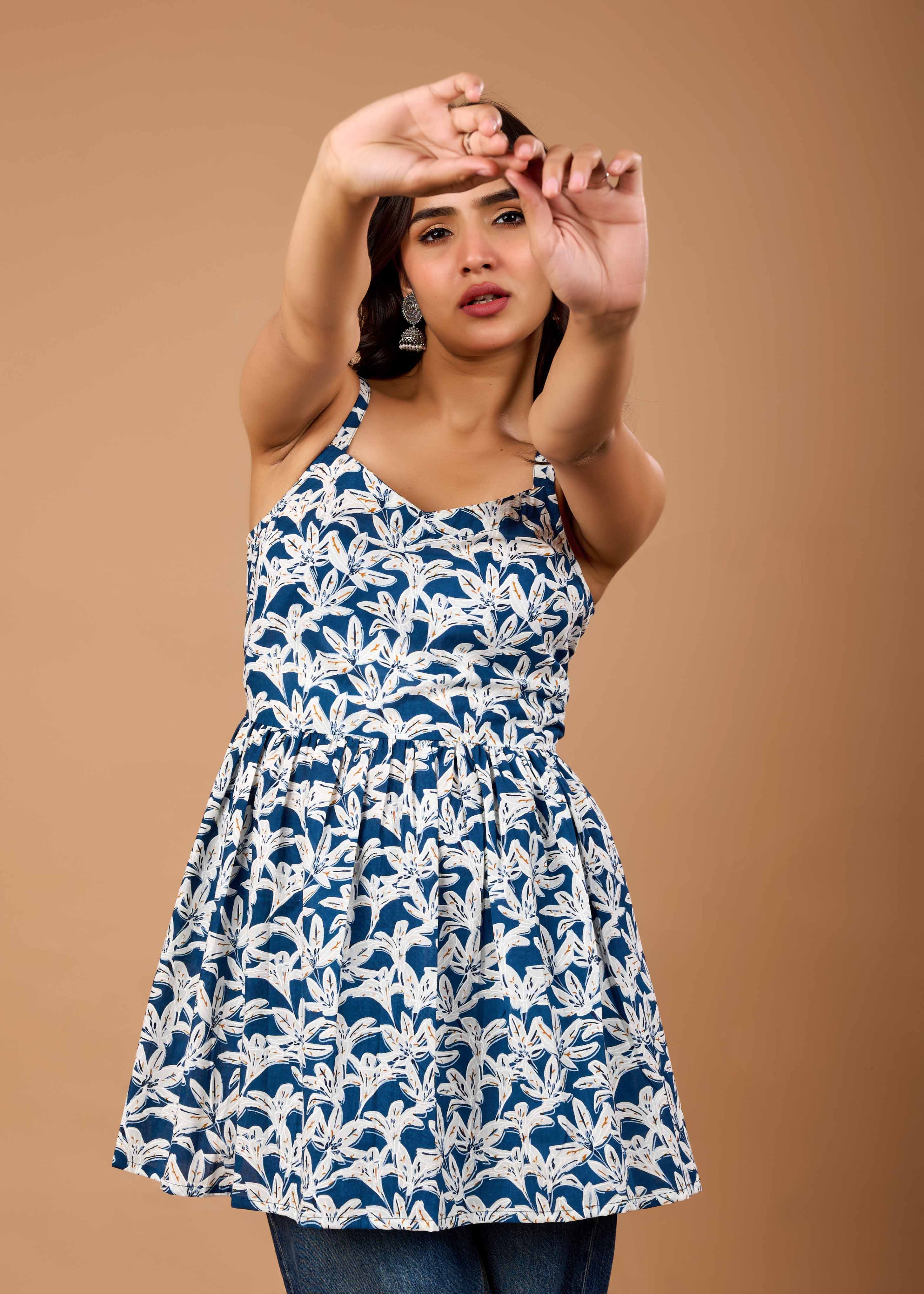 RAFFIA BLUE HAND CRAFTED COTTON PEPLUM TOP