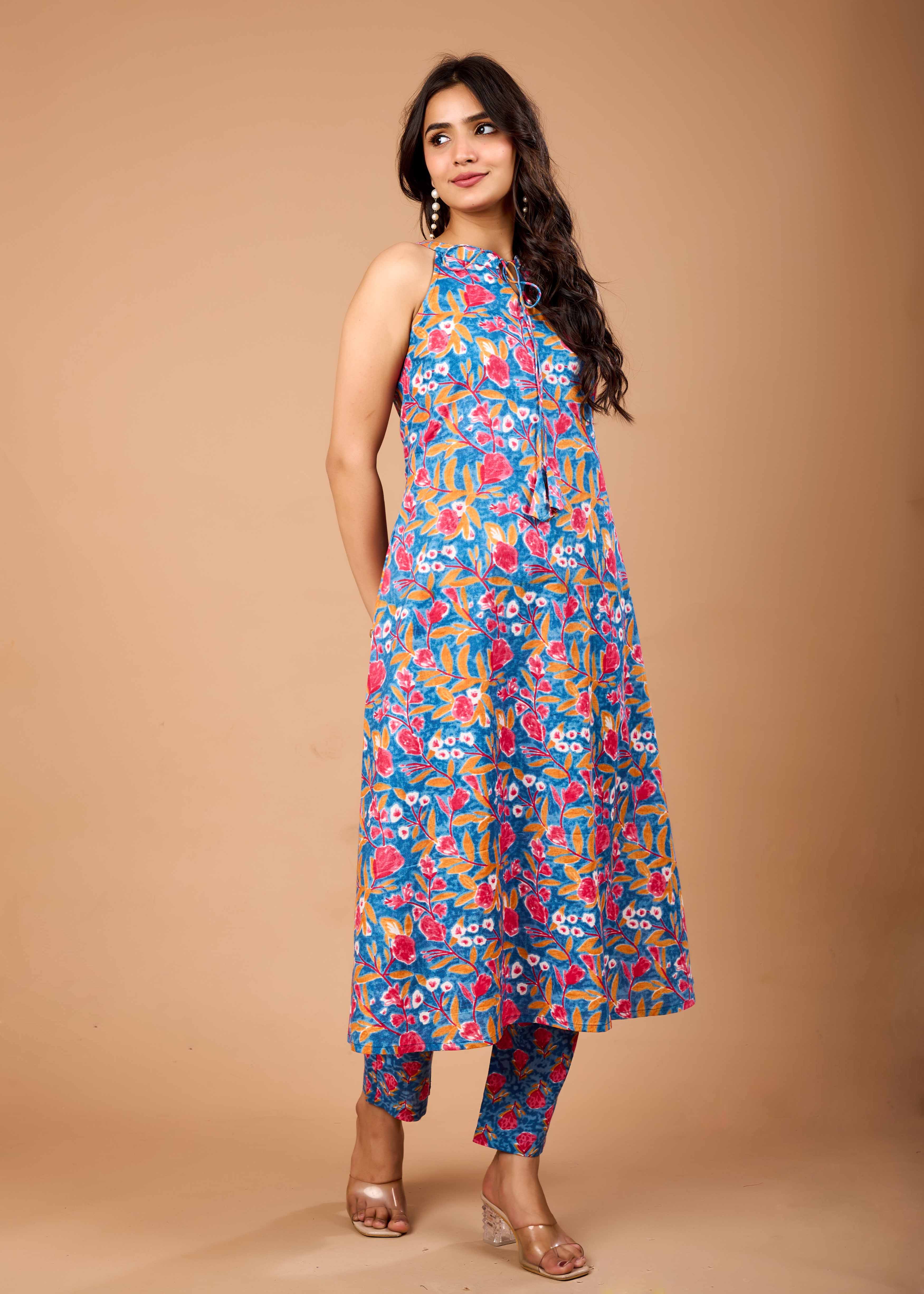 BELLFLOWER BLUE HAND CRAFTED COTTON KURTA PANT SET