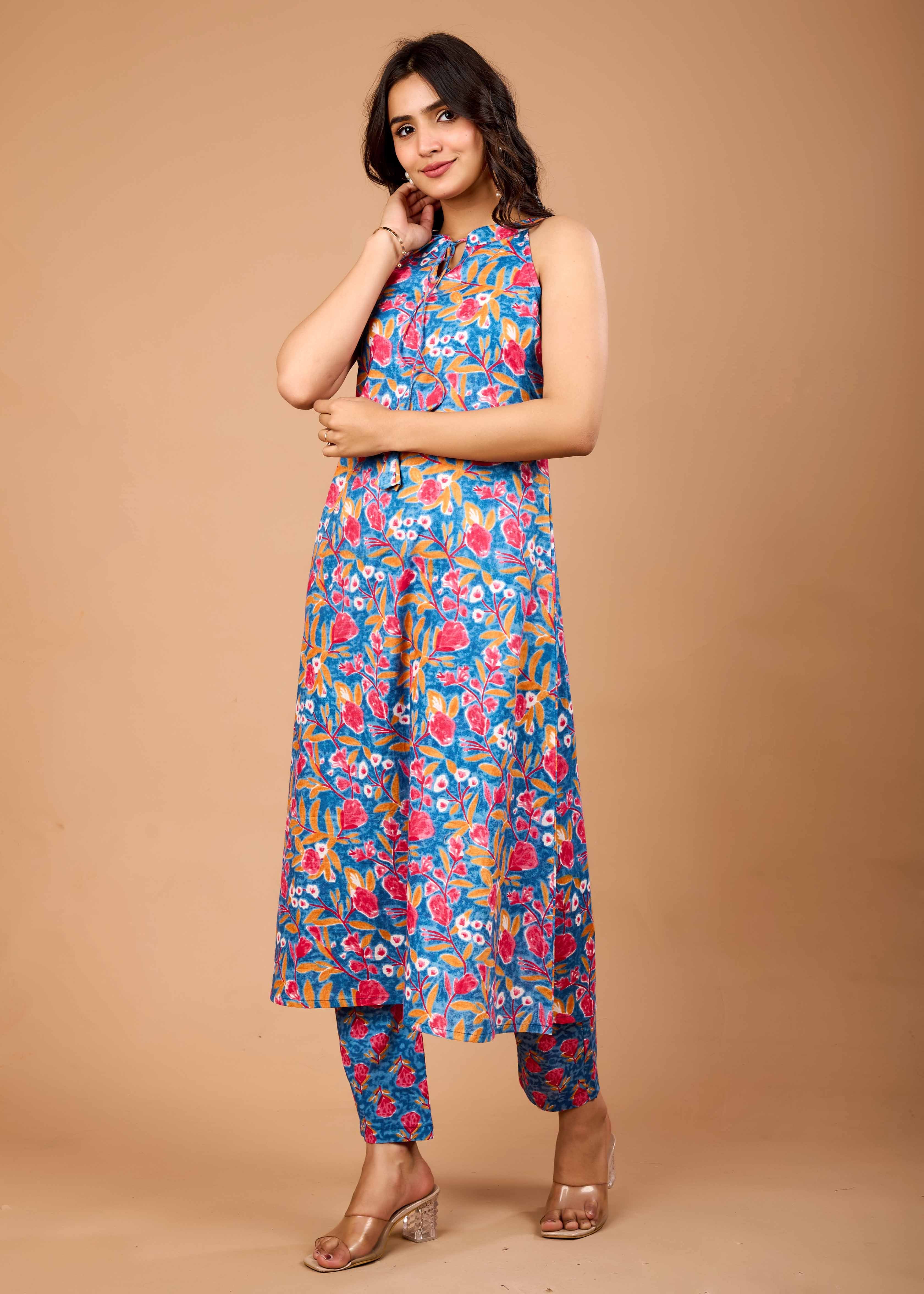 BELLFLOWER BLUE HAND CRAFTED COTTON KURTA PANT SET