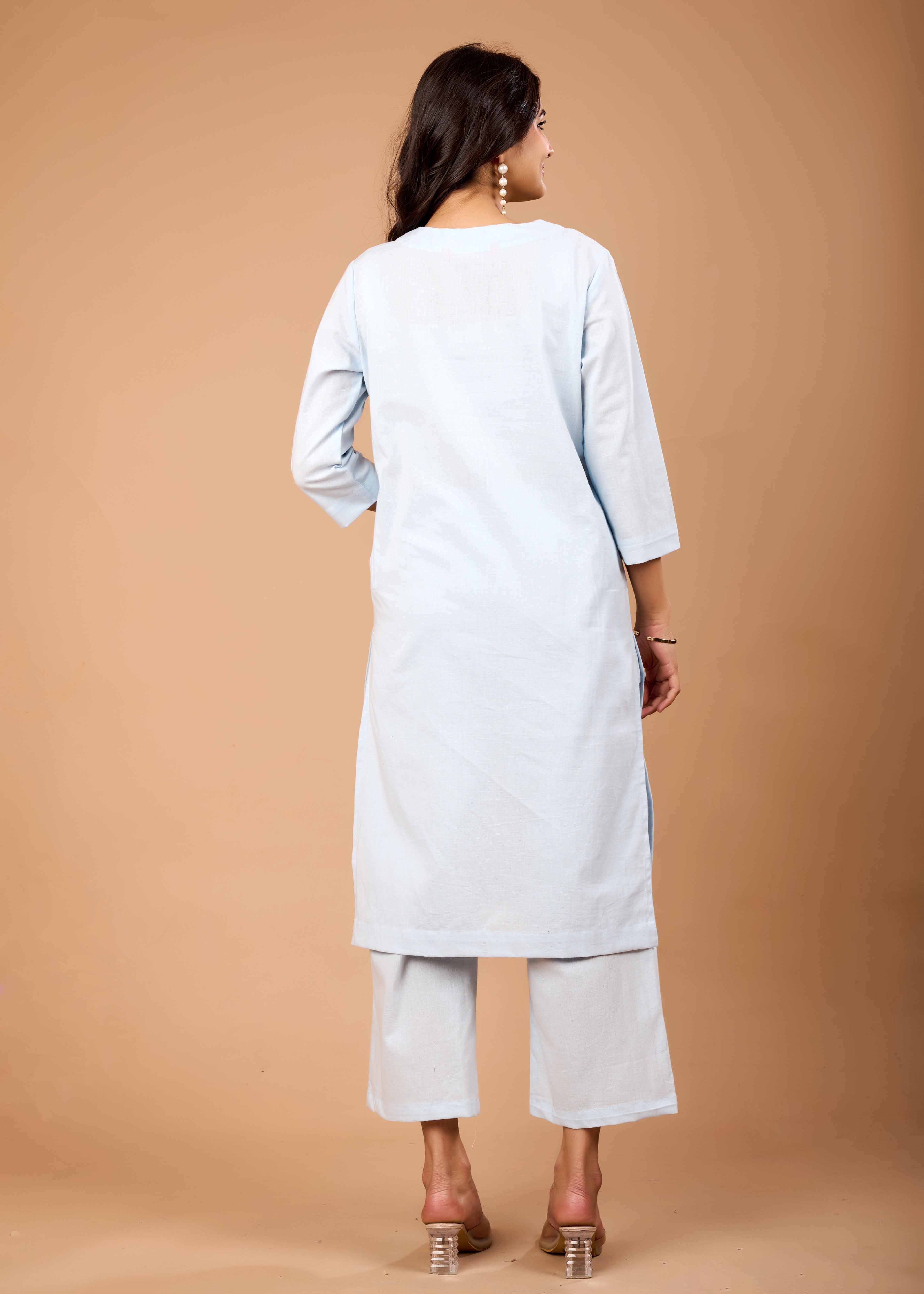 PEARLY BLUE HAND CRAFTED COTTON FLEX KURTA PANT SET