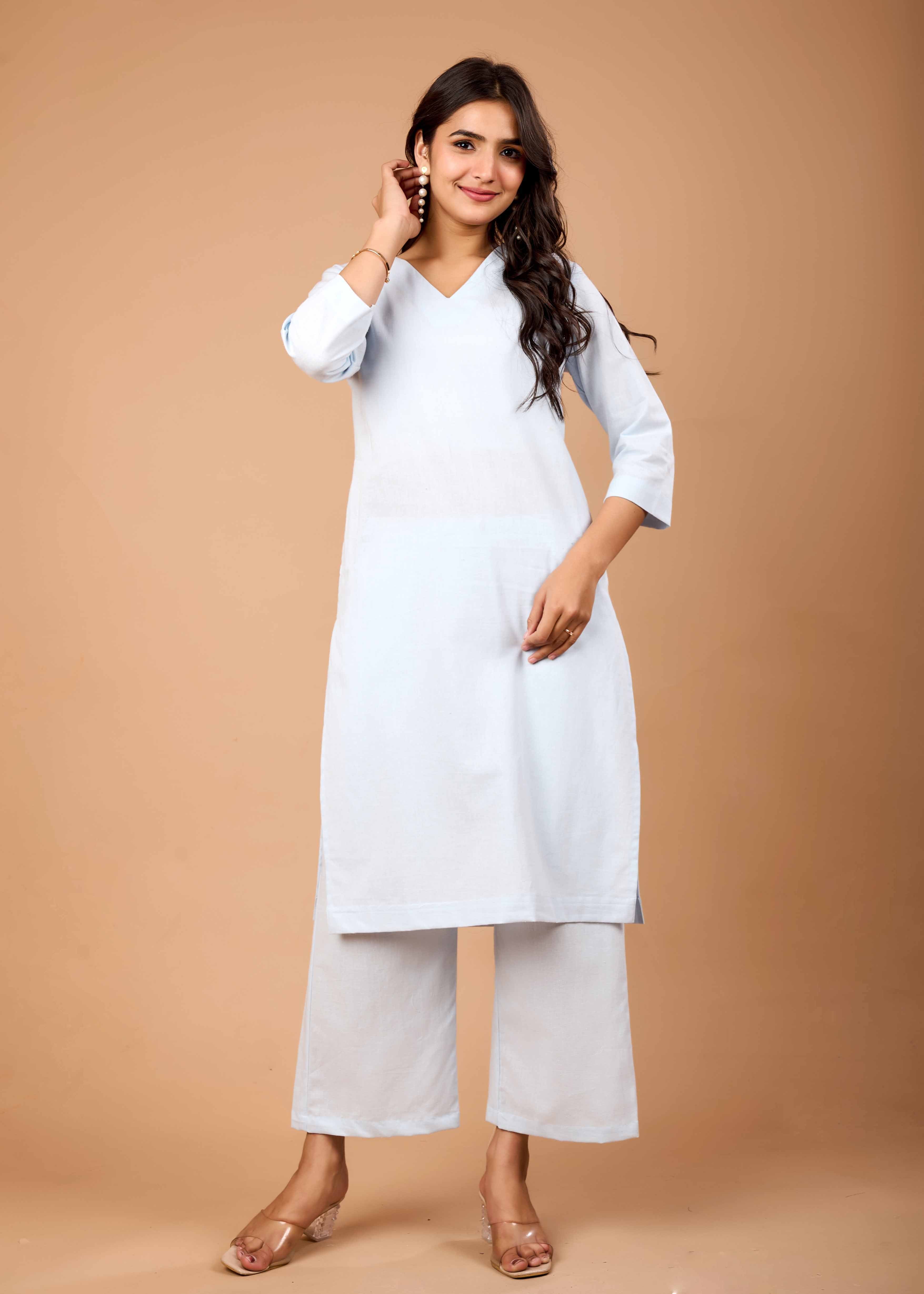 PEARLY BLUE HAND CRAFTED COTTON FLEX KURTA PANT SET