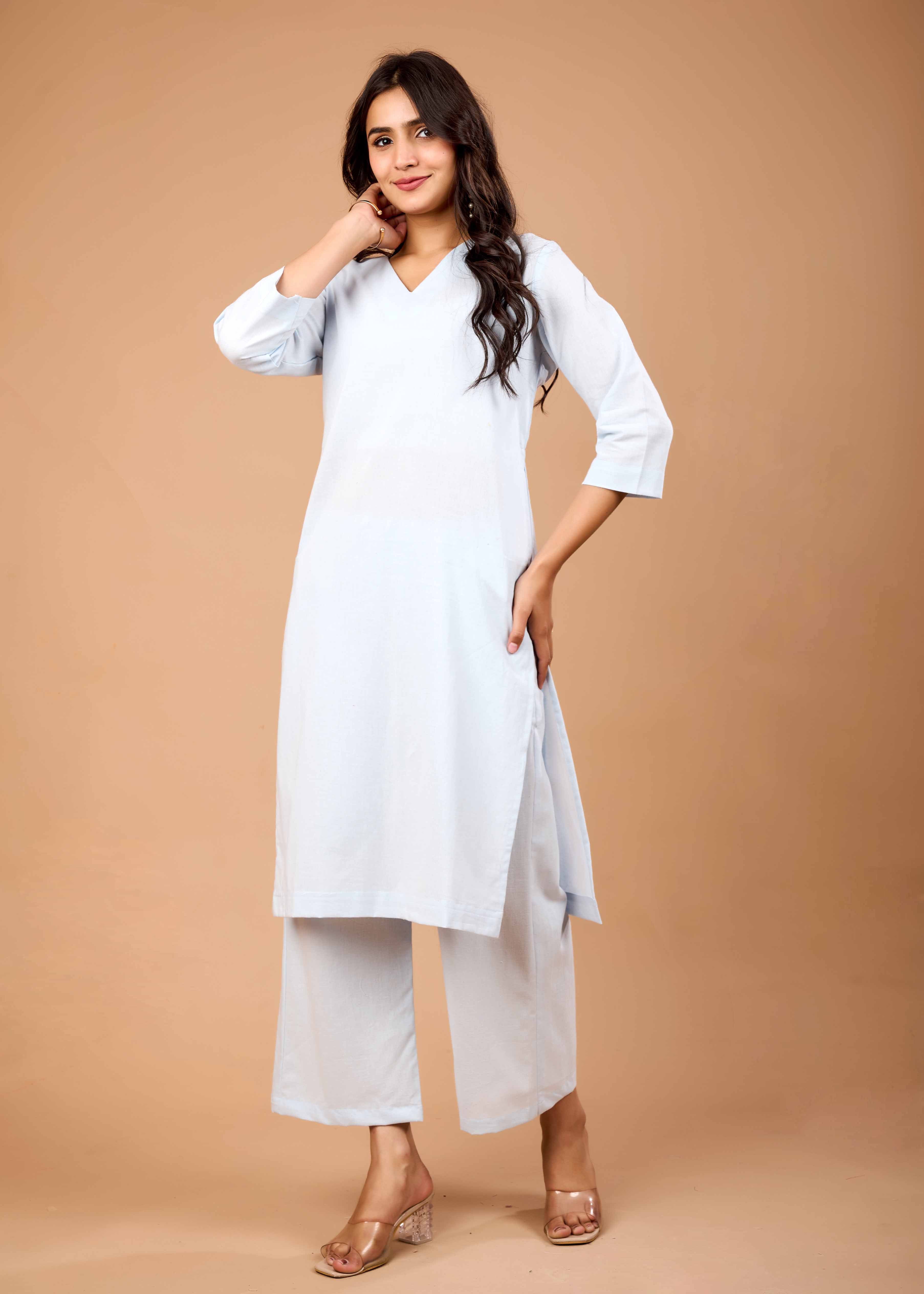 PEARLY BLUE HAND CRAFTED COTTON FLEX KURTA PANT SET