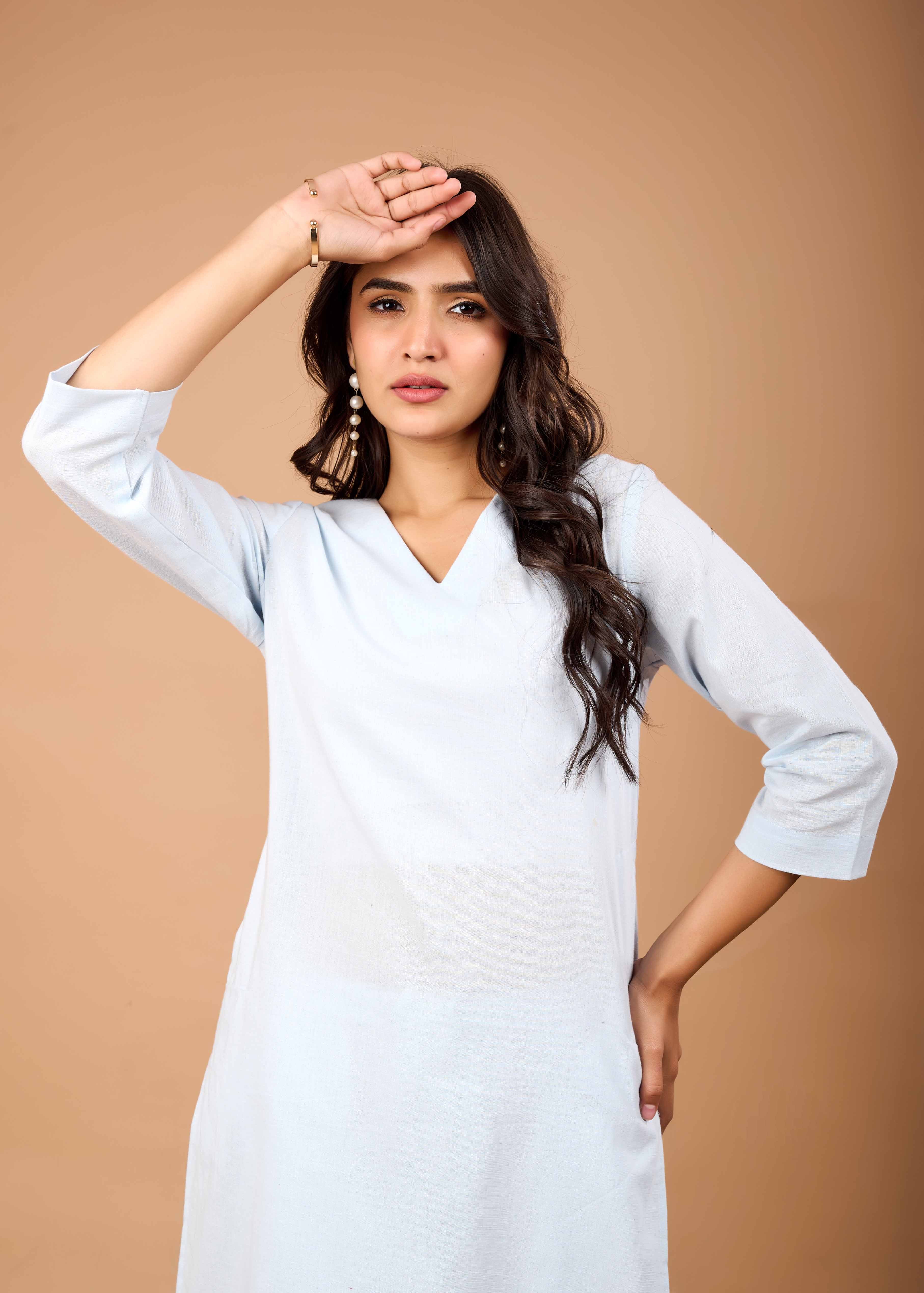 PEARLY BLUE HAND CRAFTED COTTON FLEX KURTA PANT SET