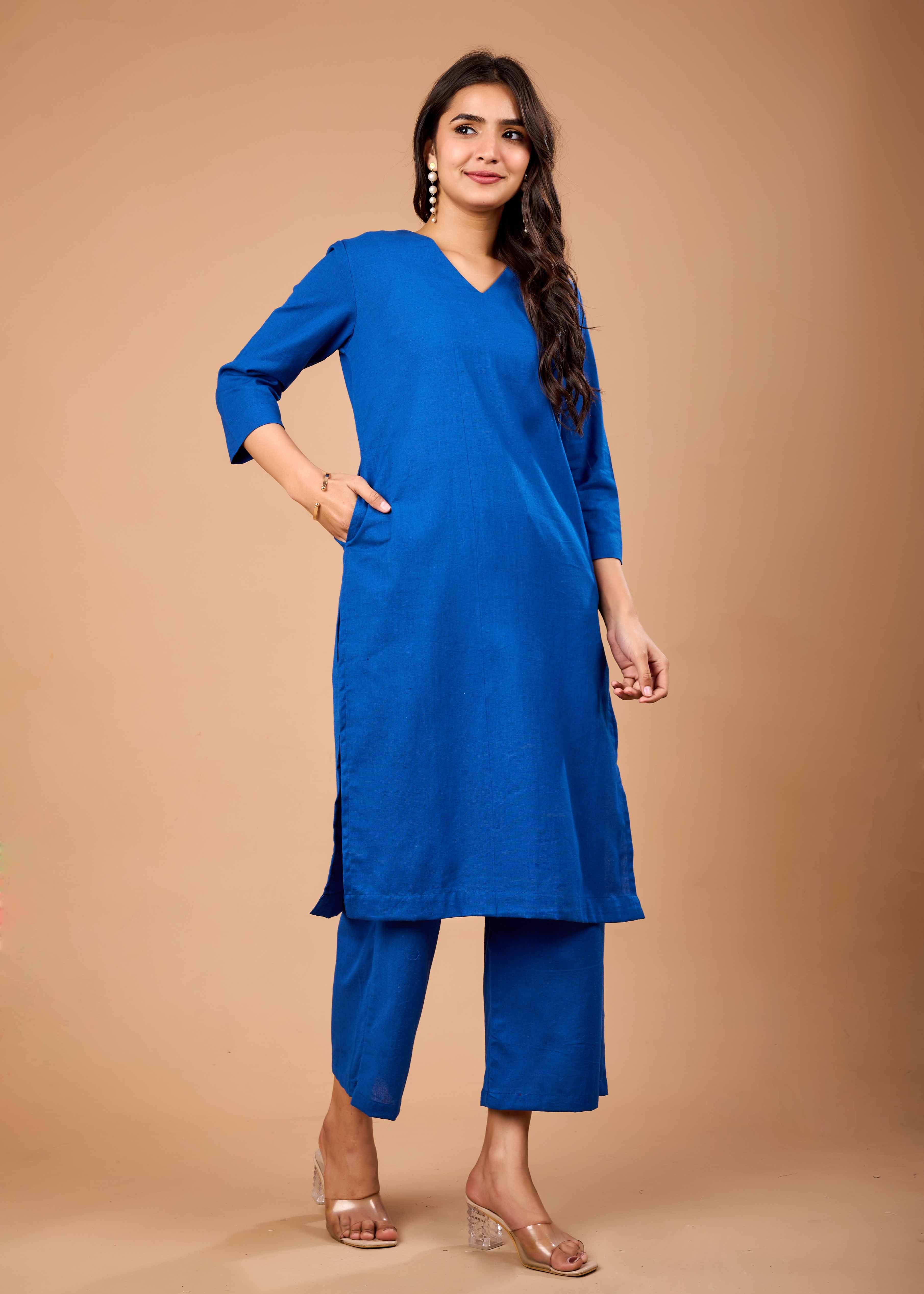 MAJESTIC BLUE HAND CRAFTED COTTON FLEX KURTA PANT SET