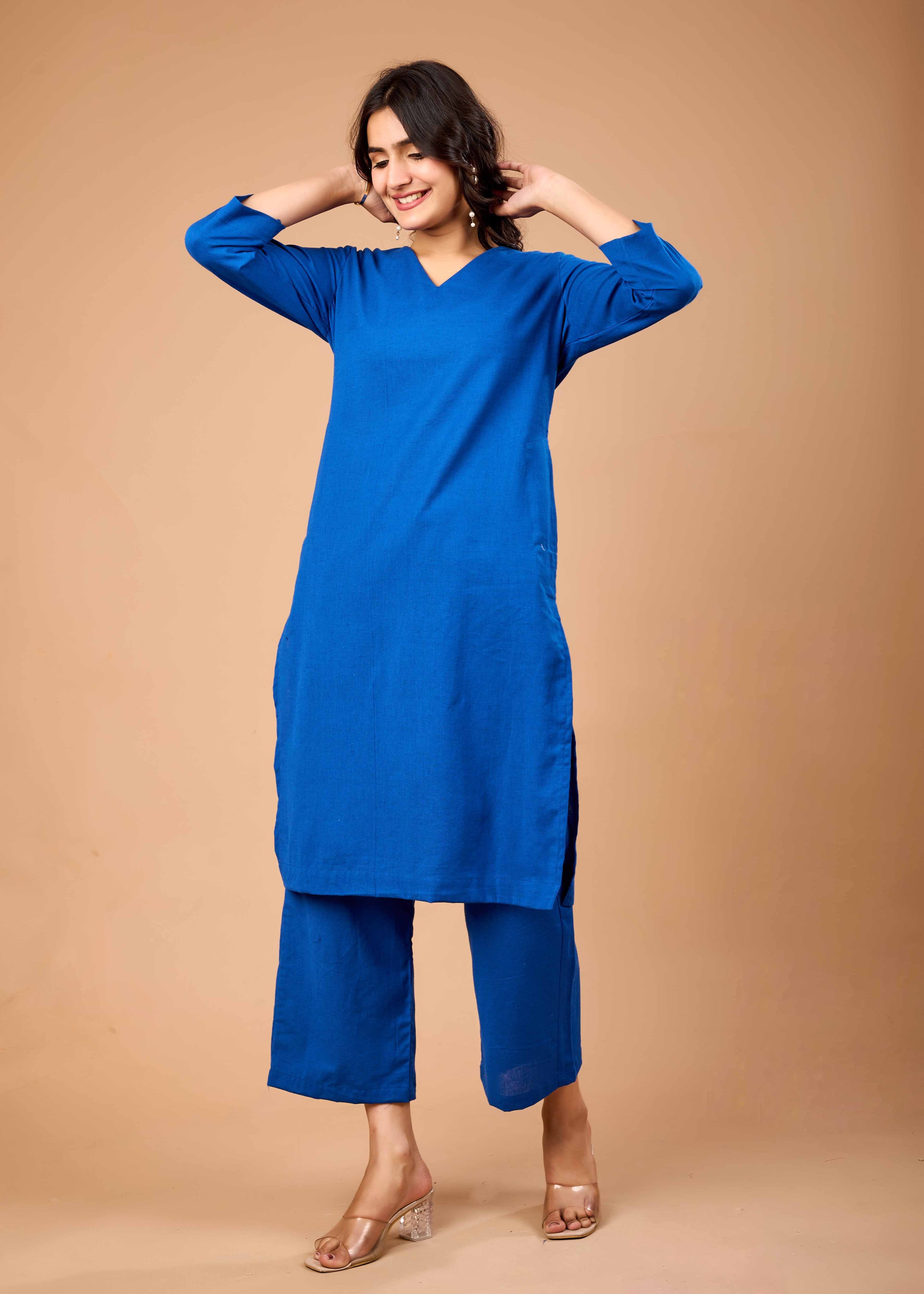 MAJESTIC BLUE HAND CRAFTED COTTON FLEX KURTA PANT SET