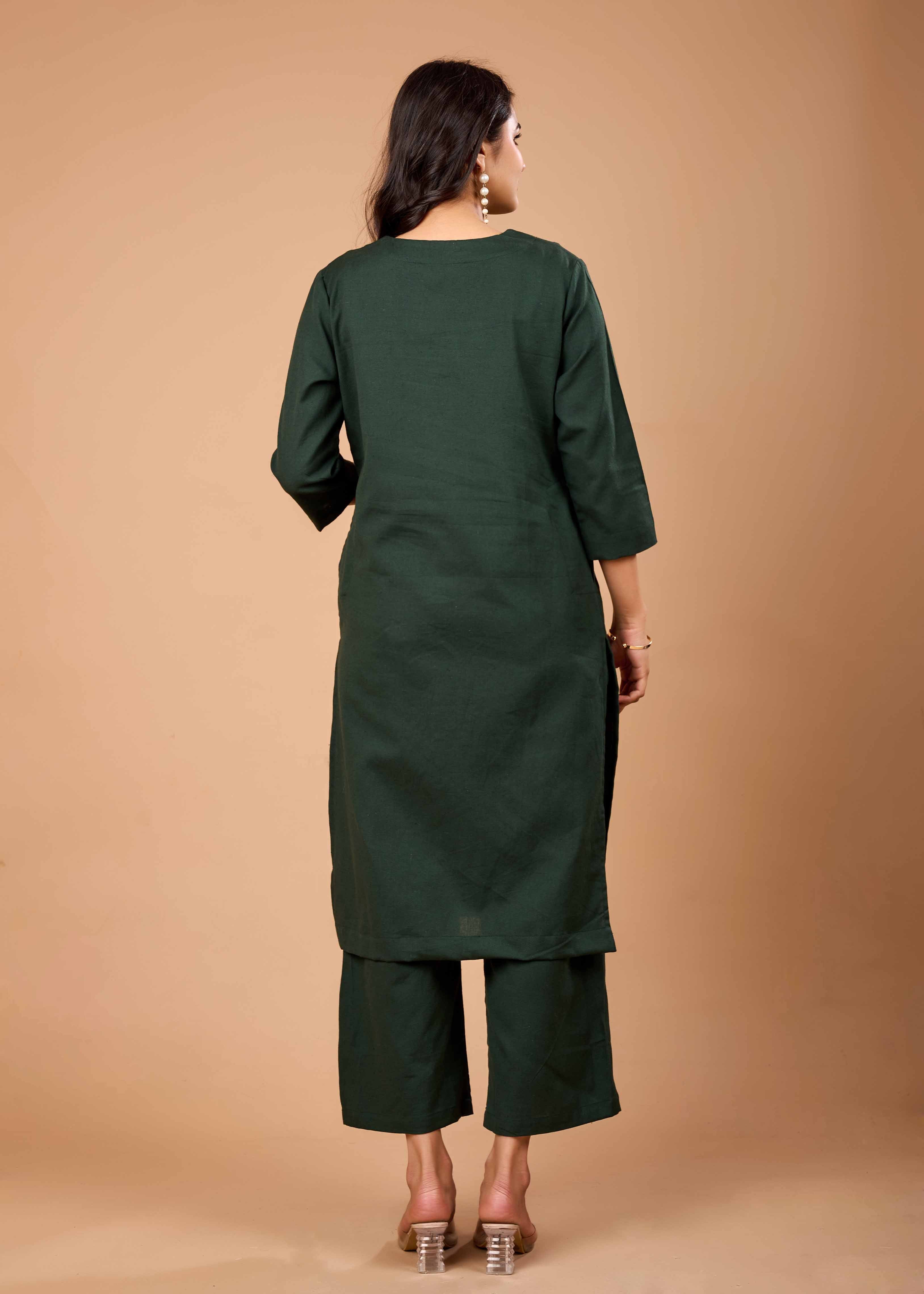 MAYRA GREEN HAND CRAFTED COTTON FLEX KURTA PANT SET