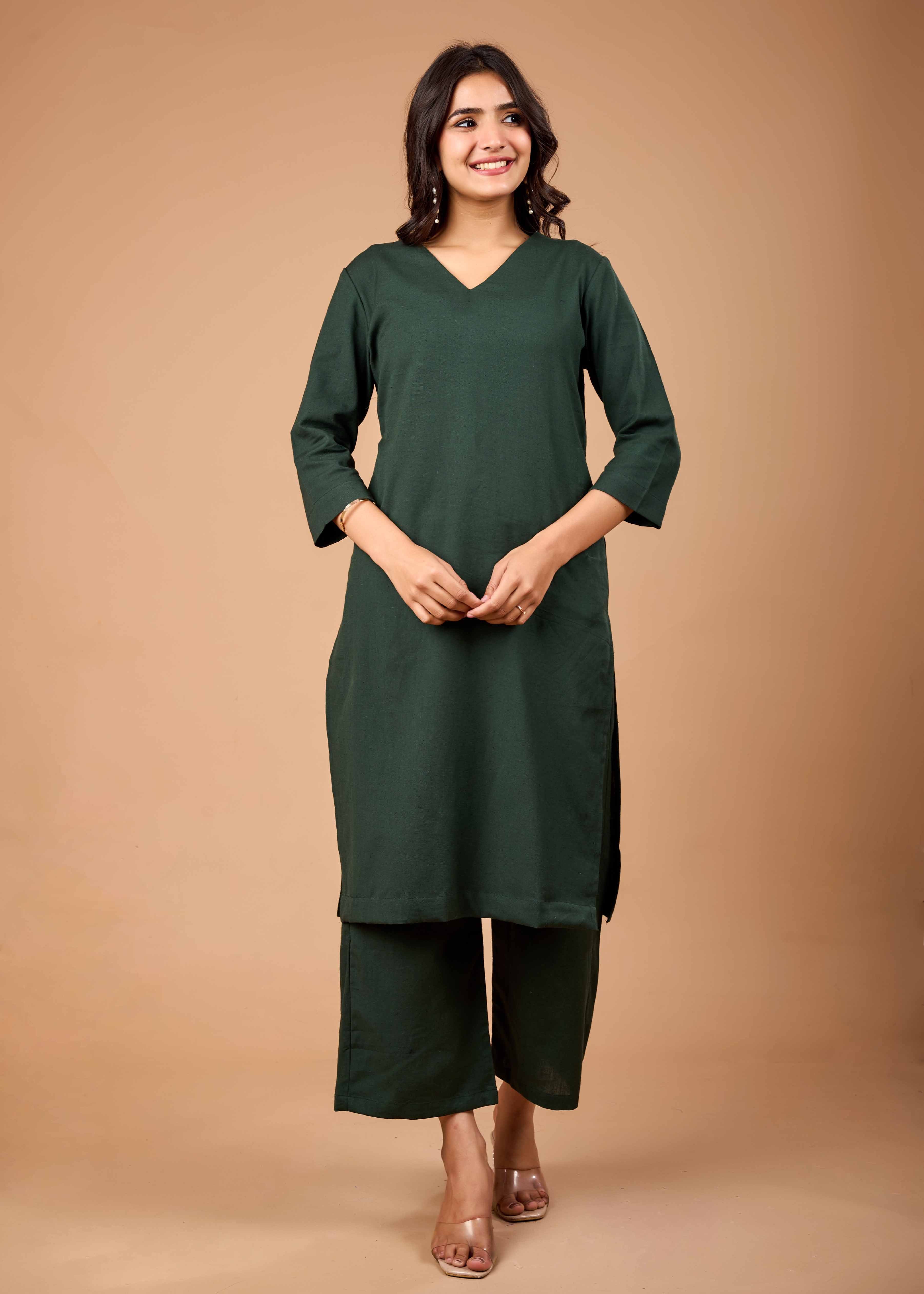 MAYRA GREEN HAND CRAFTED COTTON FLEX KURTA PANT SET