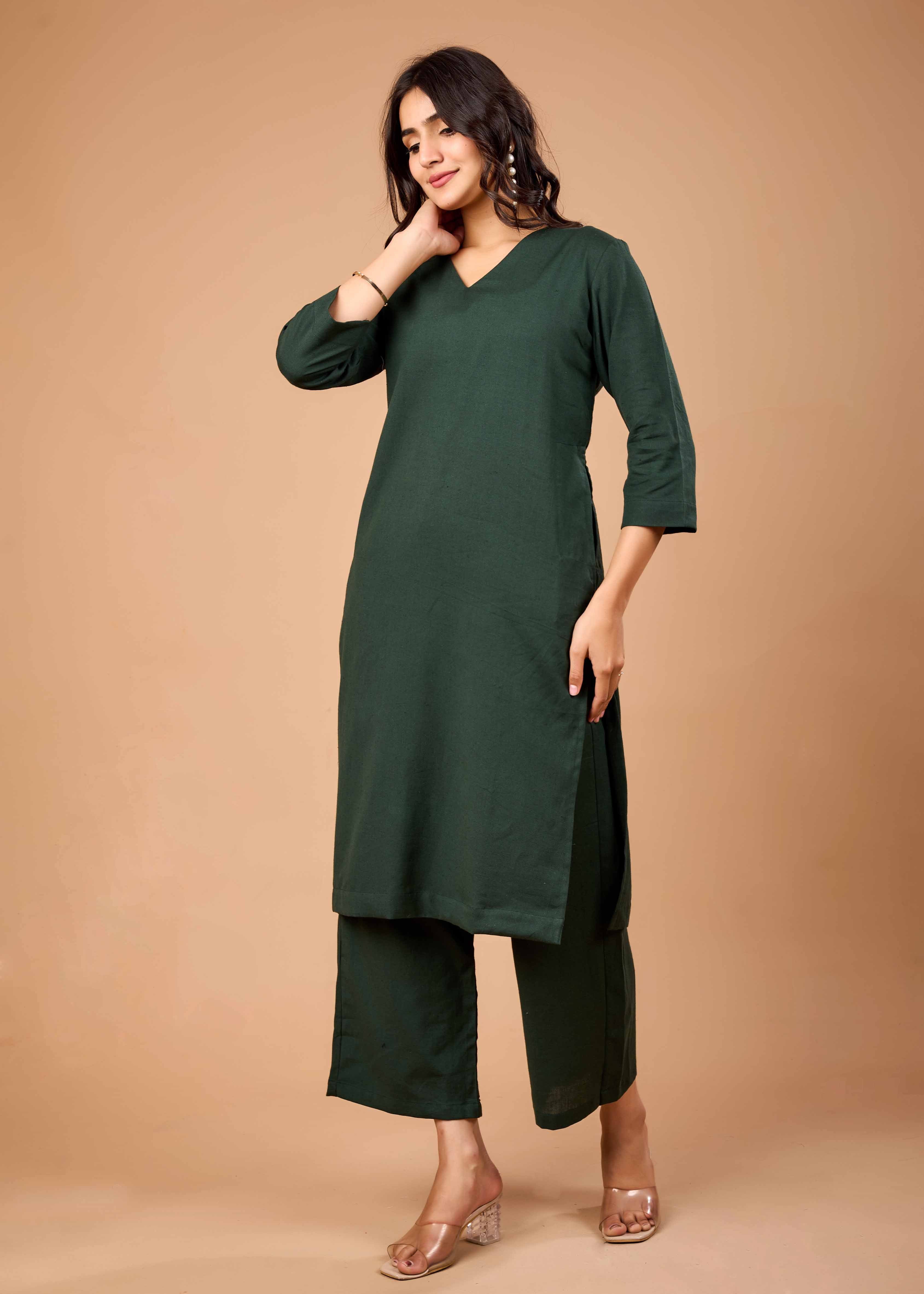 MAYRA GREEN HAND CRAFTED COTTON FLEX KURTA PANT SET