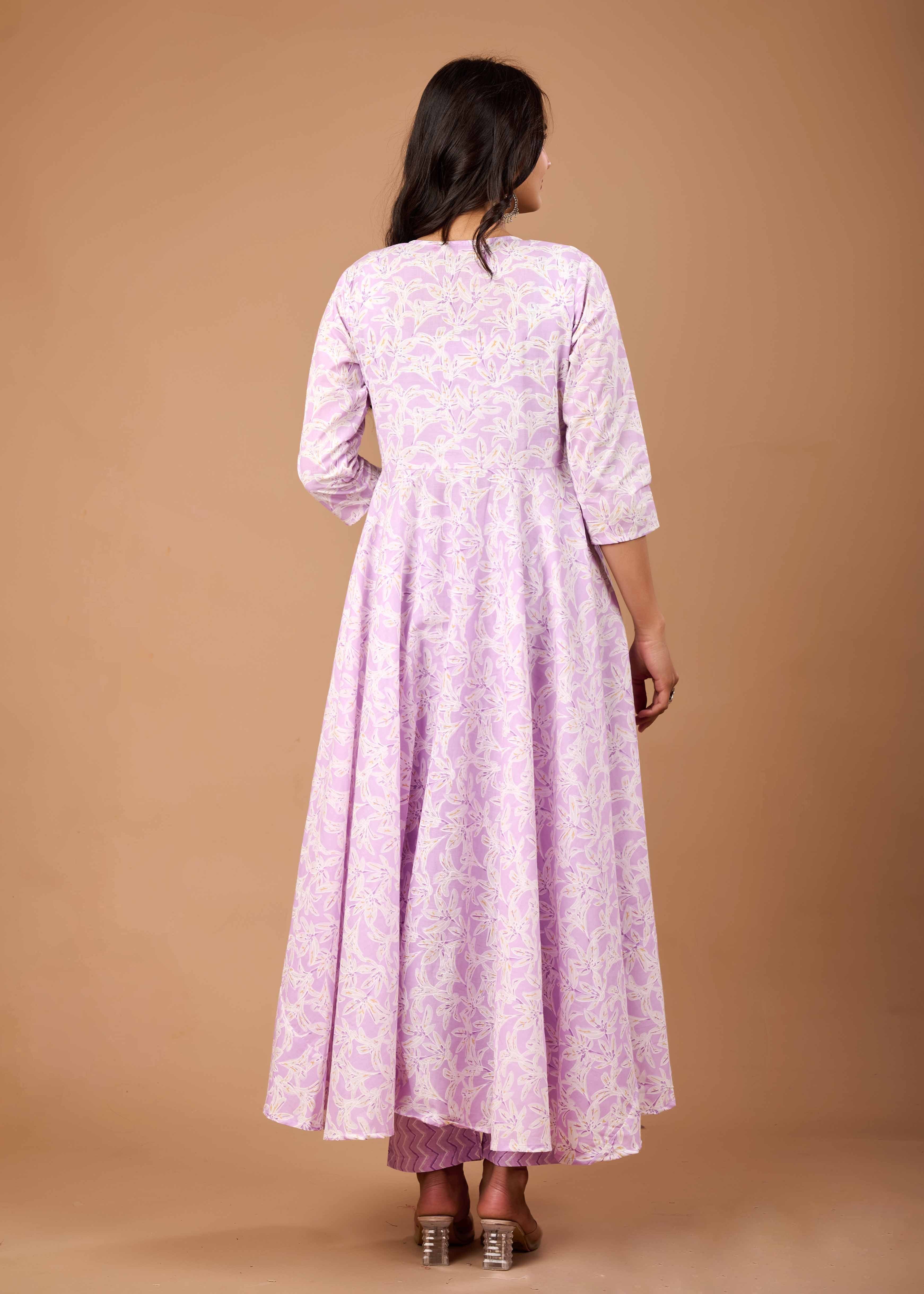 ZANE LEVENDAR HAND CRAFTED FLORAL ANARKALI COTTON SUIT SET