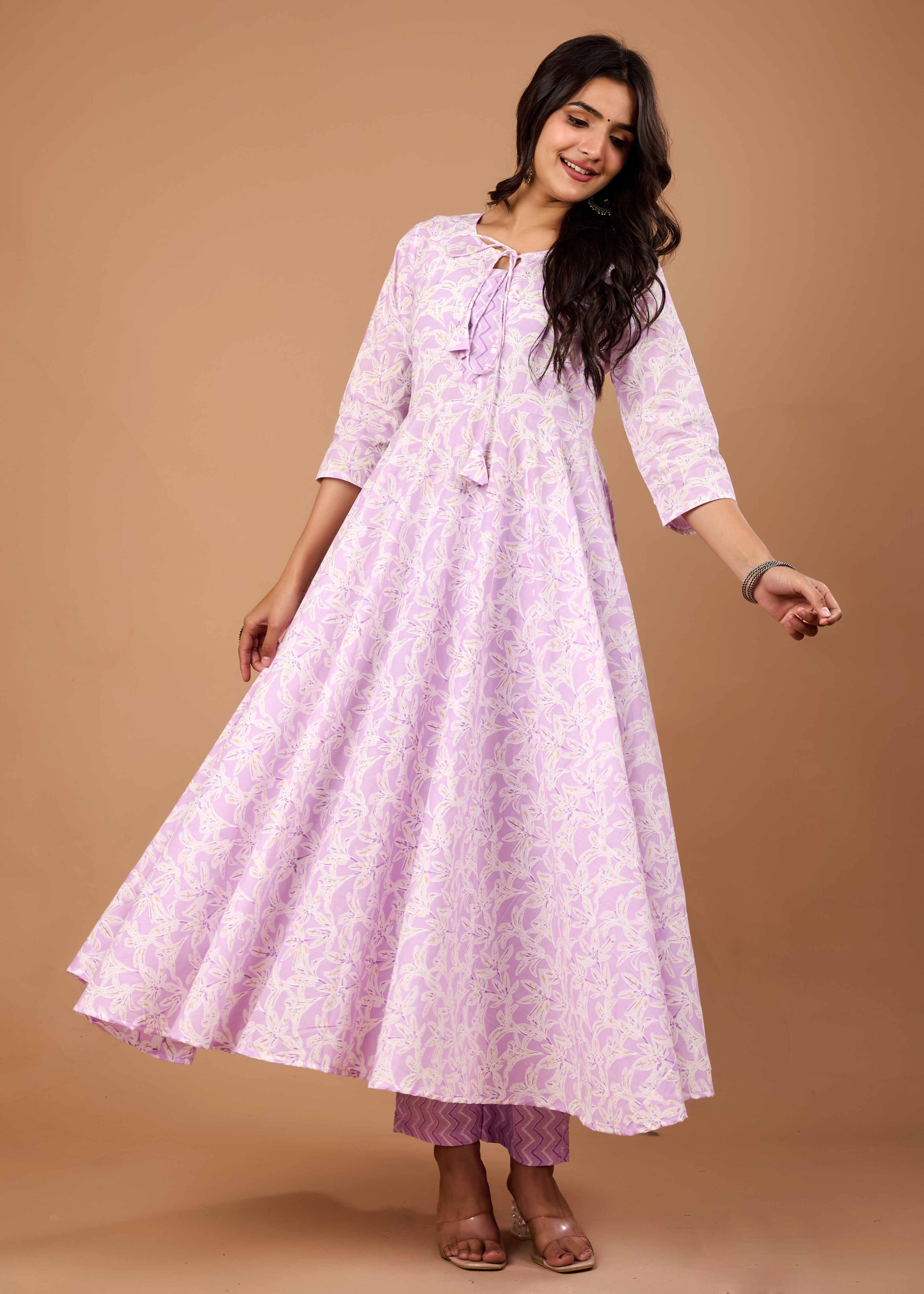 ZANE LEVENDAR HAND CRAFTED FLORAL ANARKALI COTTON SUIT SET