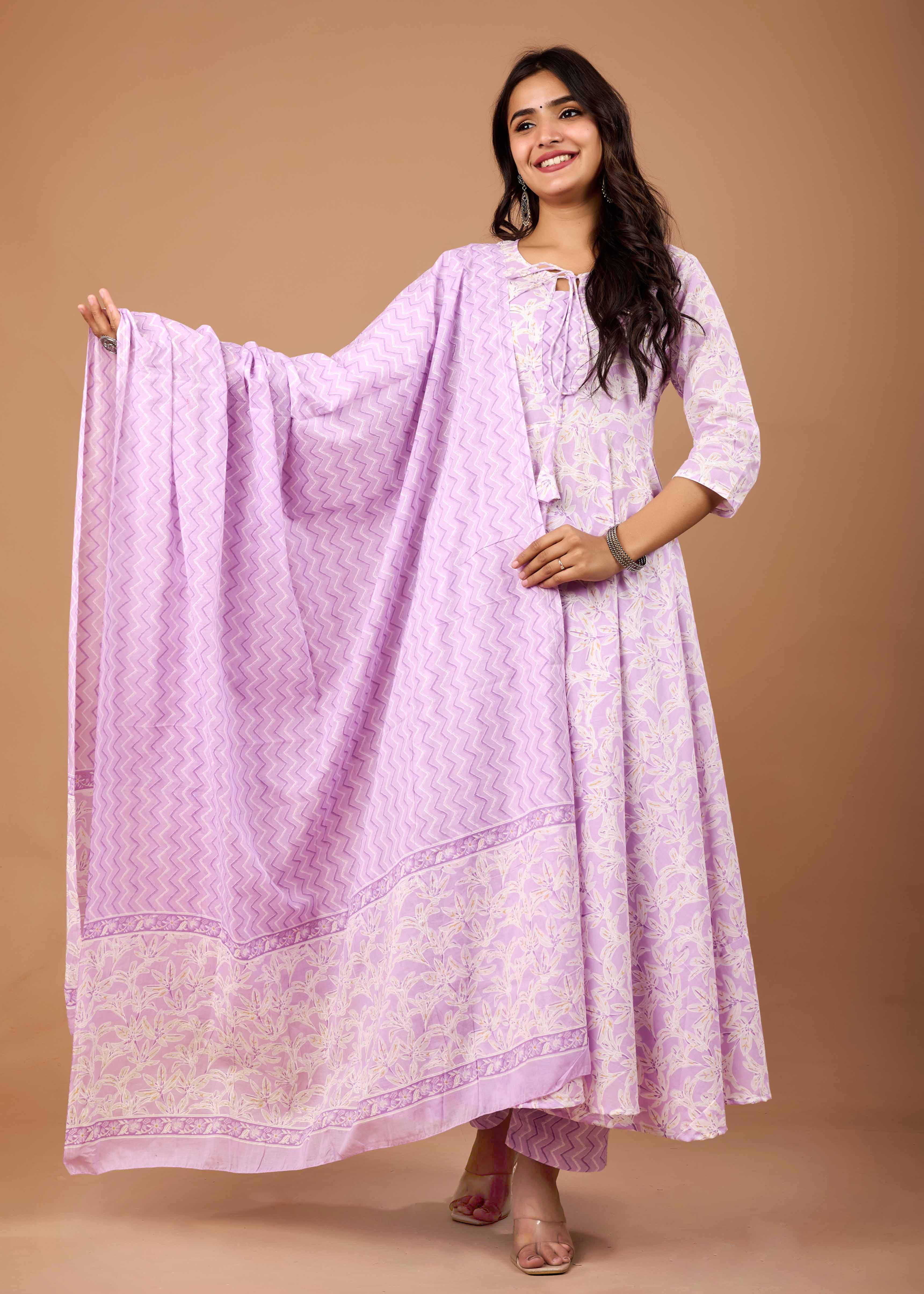 ZANE LEVENDAR HAND CRAFTED FLORAL ANARKALI COTTON SUIT SET