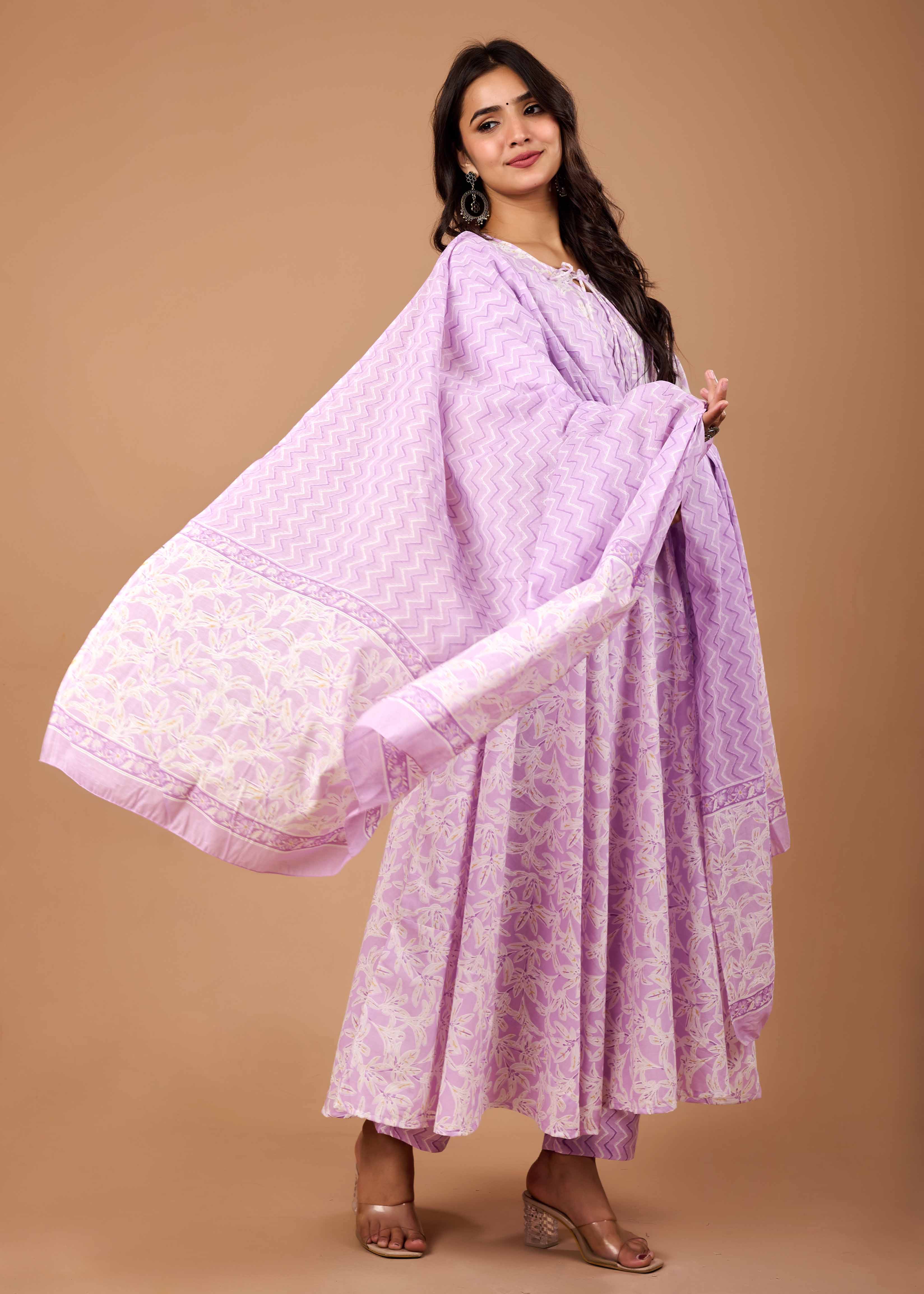 ZANE LEVENDAR HAND CRAFTED FLORAL ANARKALI COTTON SUIT SET