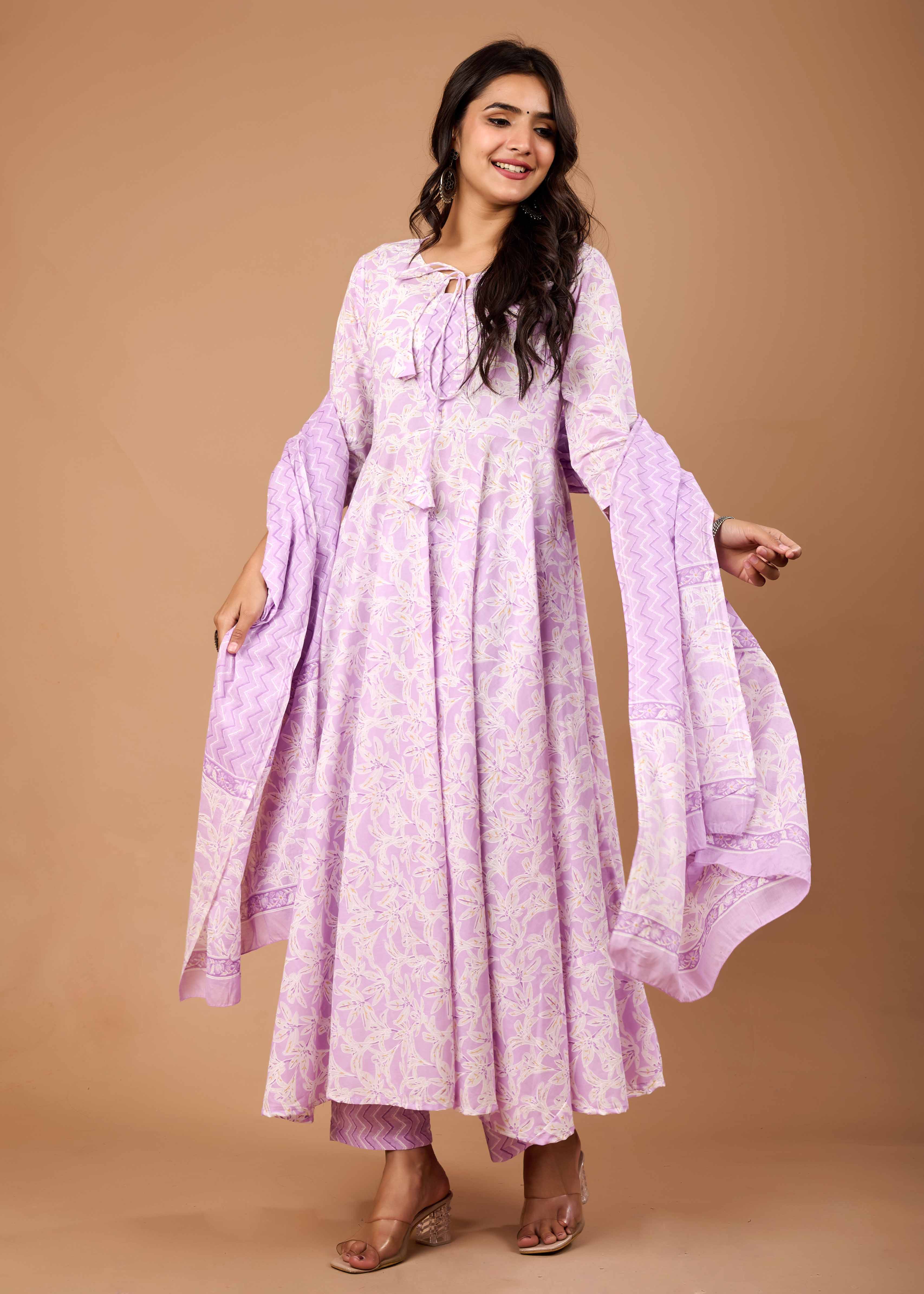 ZANE LEVENDAR HAND CRAFTED FLORAL ANARKALI COTTON SUIT SET