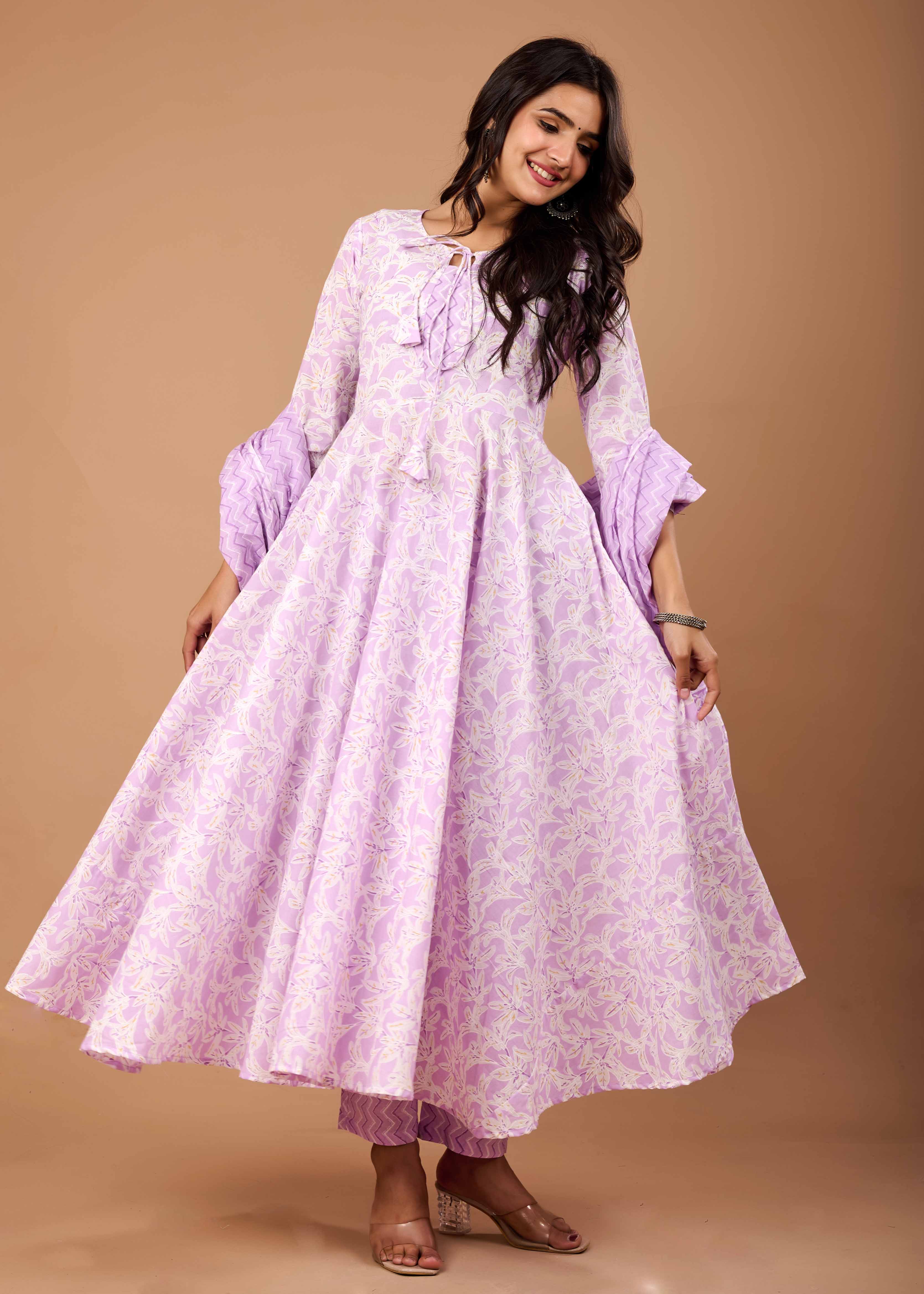ZANE LEVENDAR HAND CRAFTED FLORAL ANARKALI COTTON SUIT SET