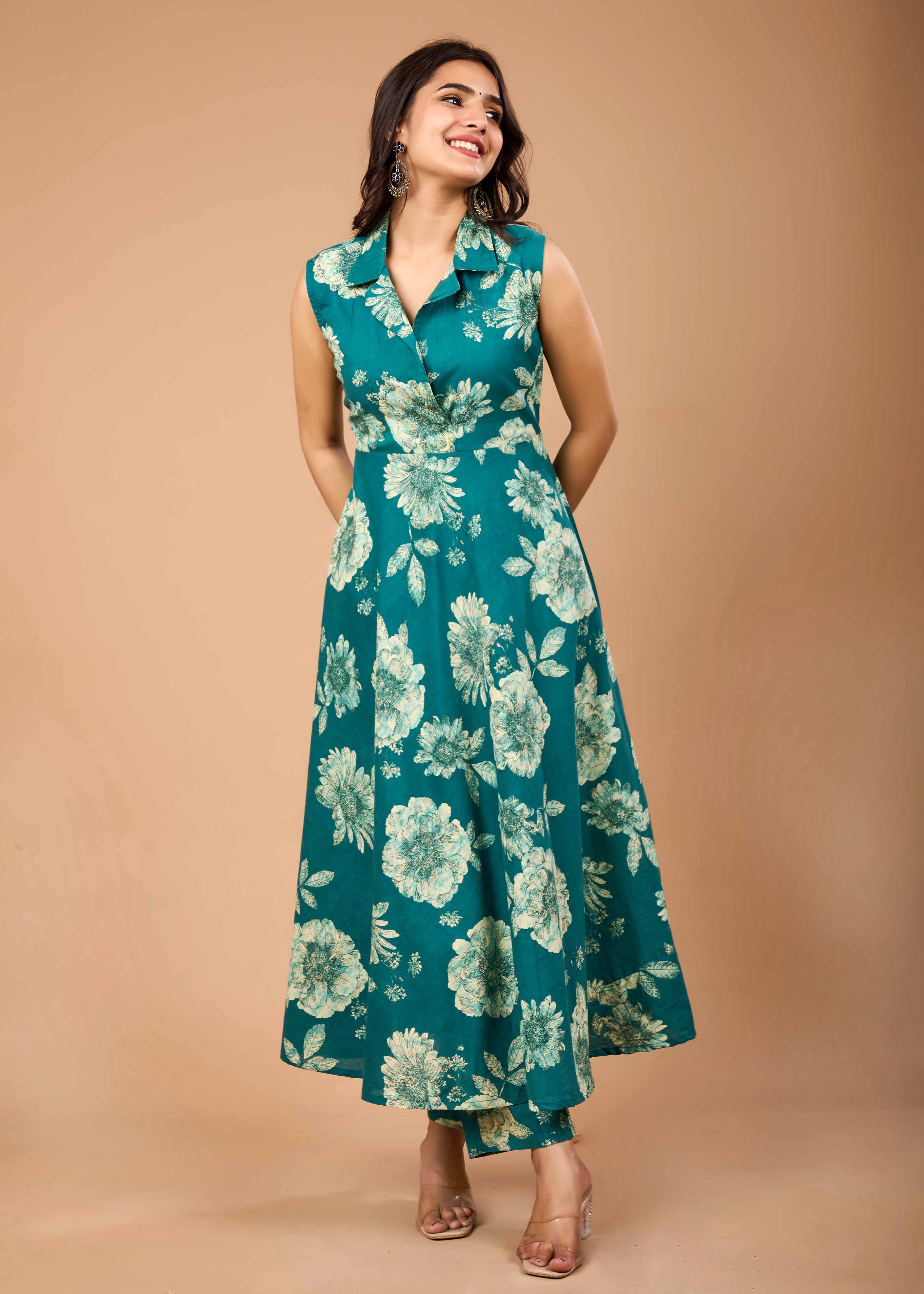 SELENA GREEN HAND CRAFTED COTTON KURTA PANT SET