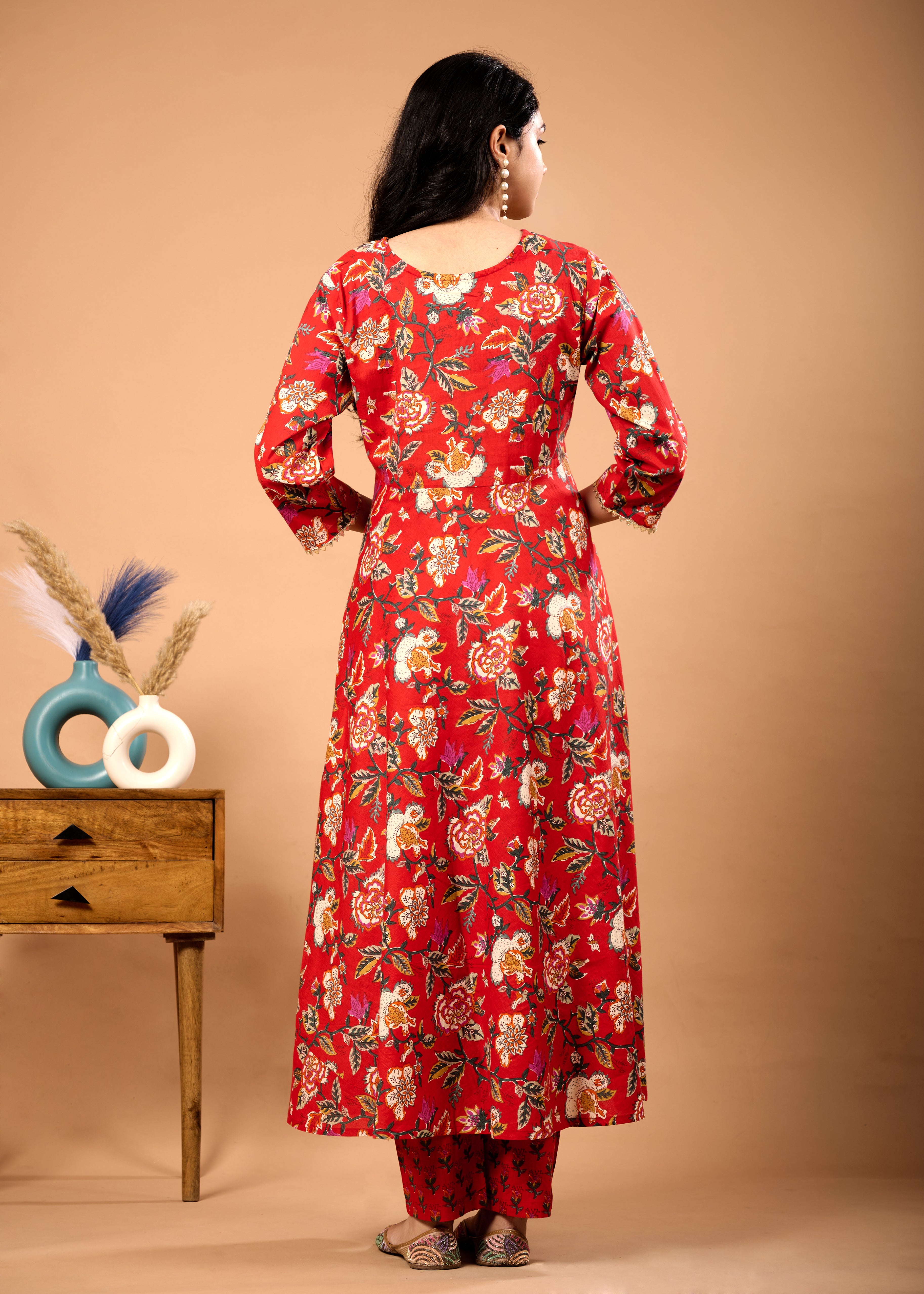 Raya Red Hand Crafted Floral Cotton Suit Set