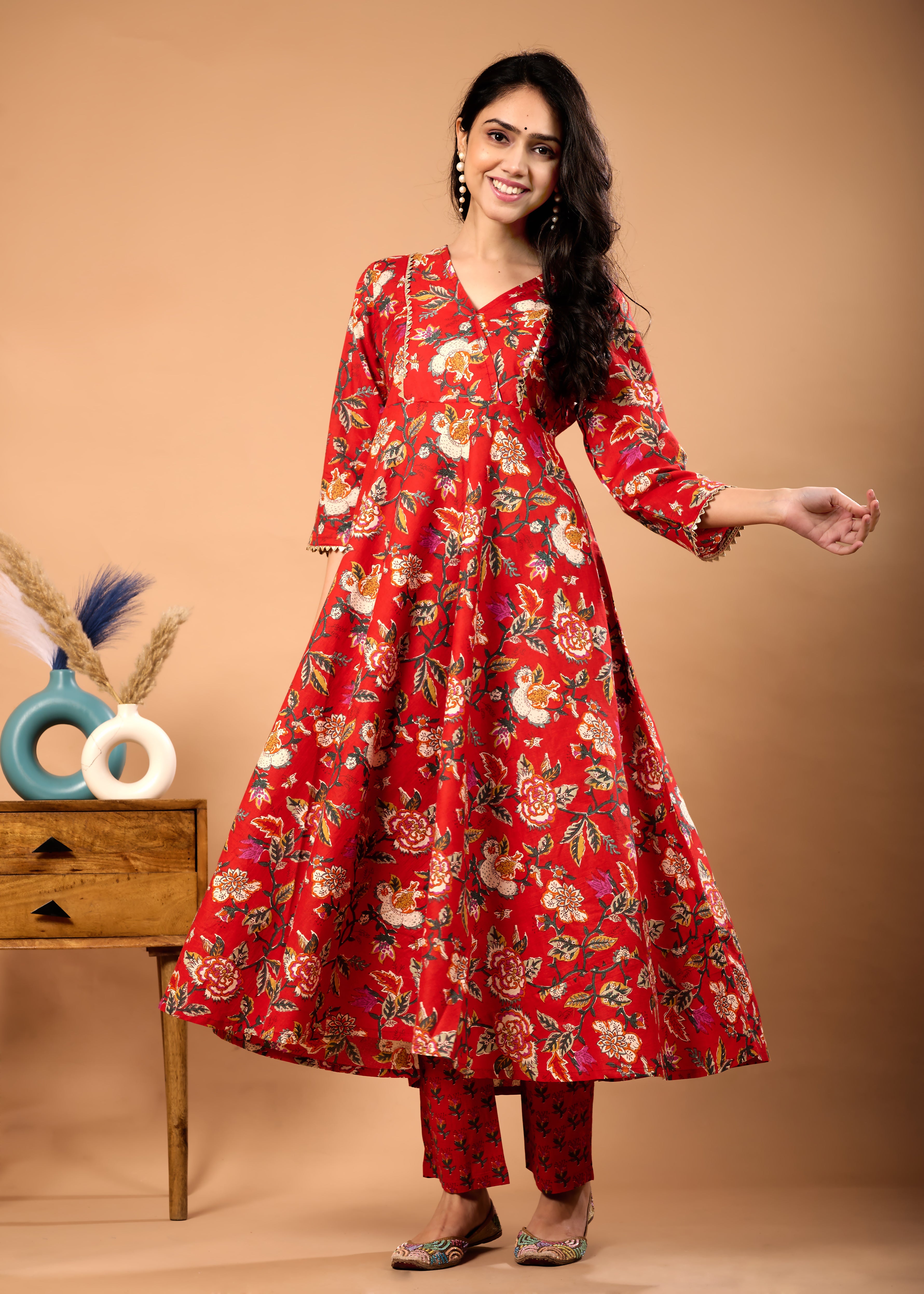 Raya Red Hand Crafted Floral Cotton Suit Set