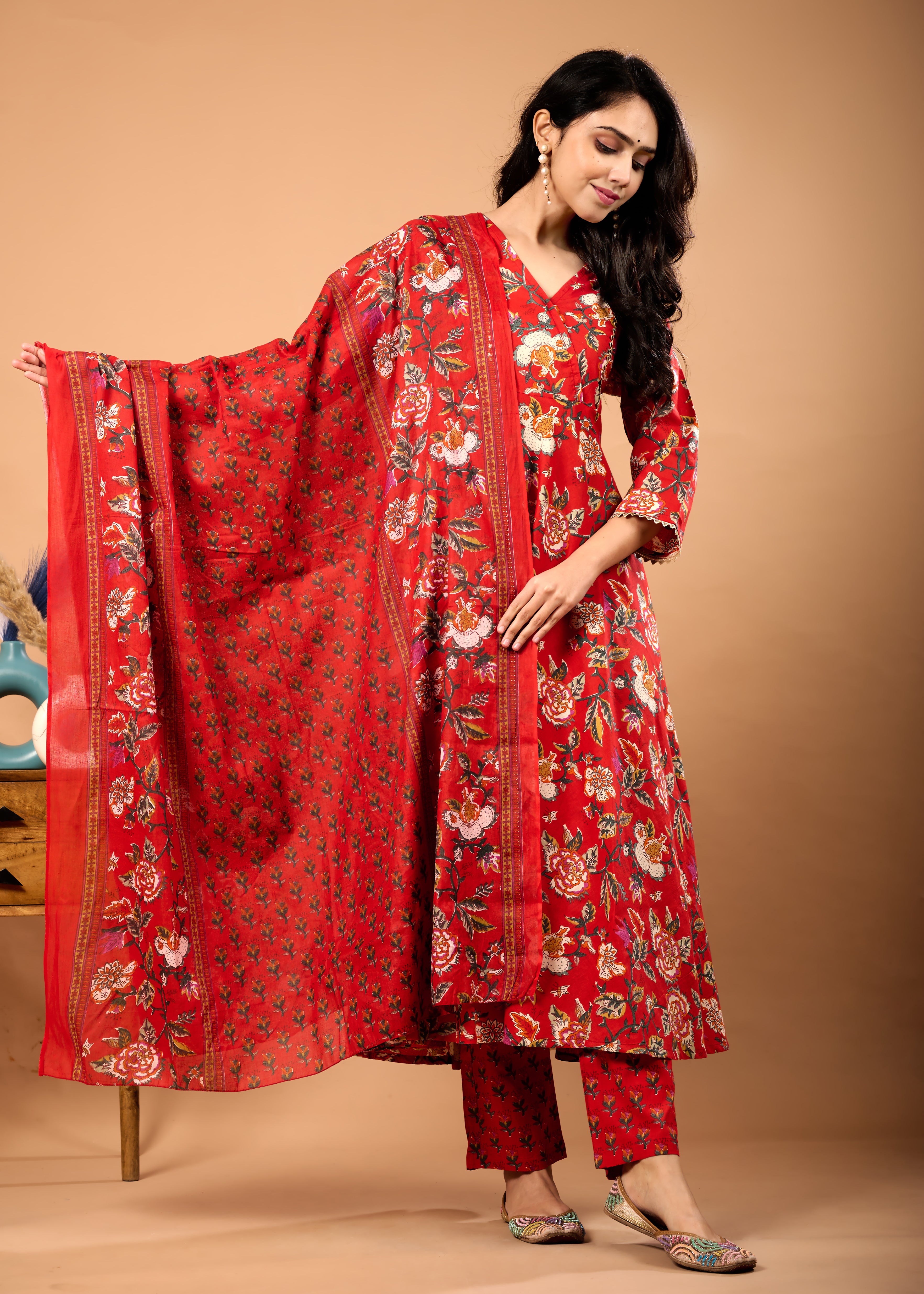 Raya Red Hand Crafted Floral Cotton Suit Set