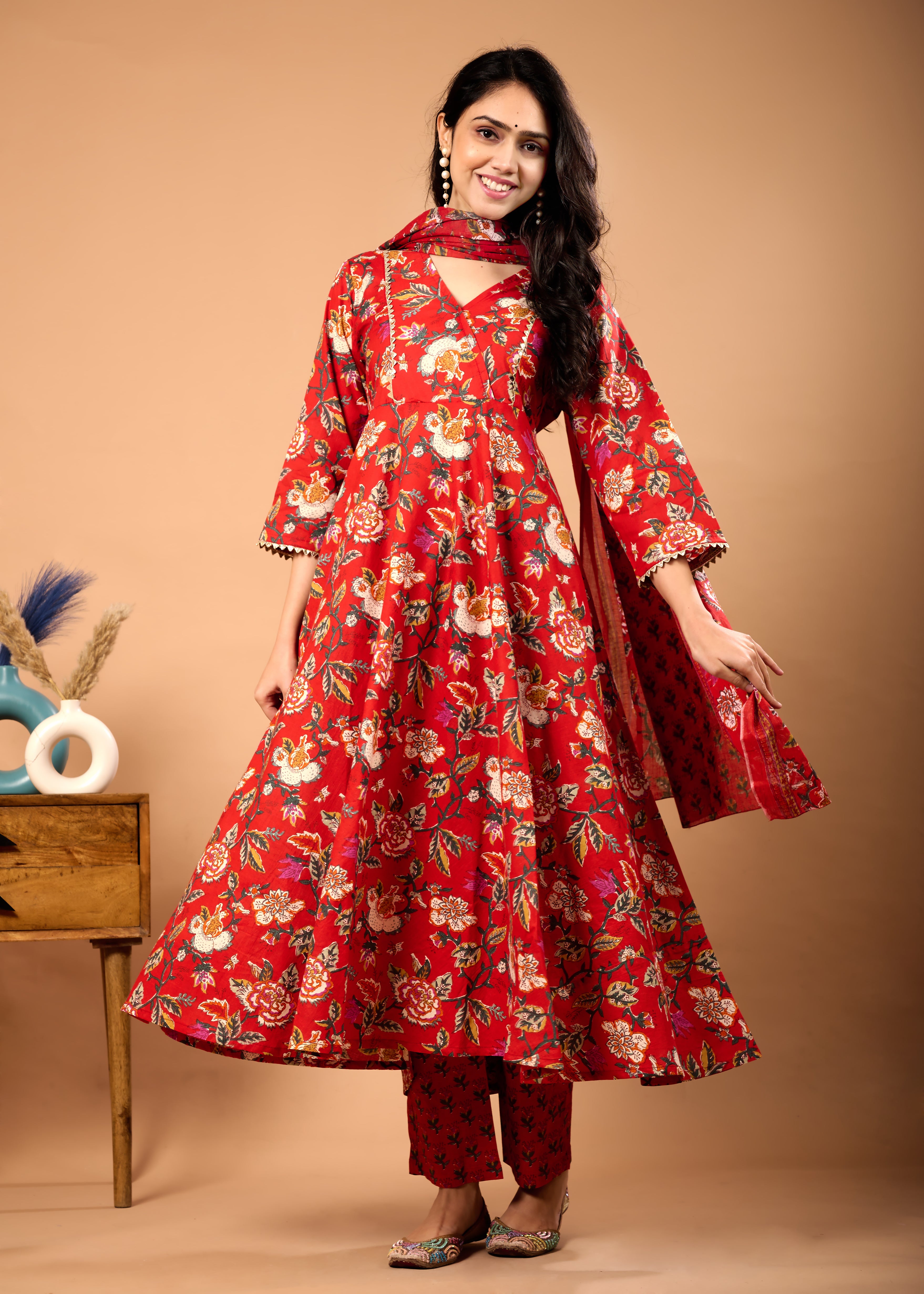 Raya Red Hand Crafted Floral Cotton Suit Set