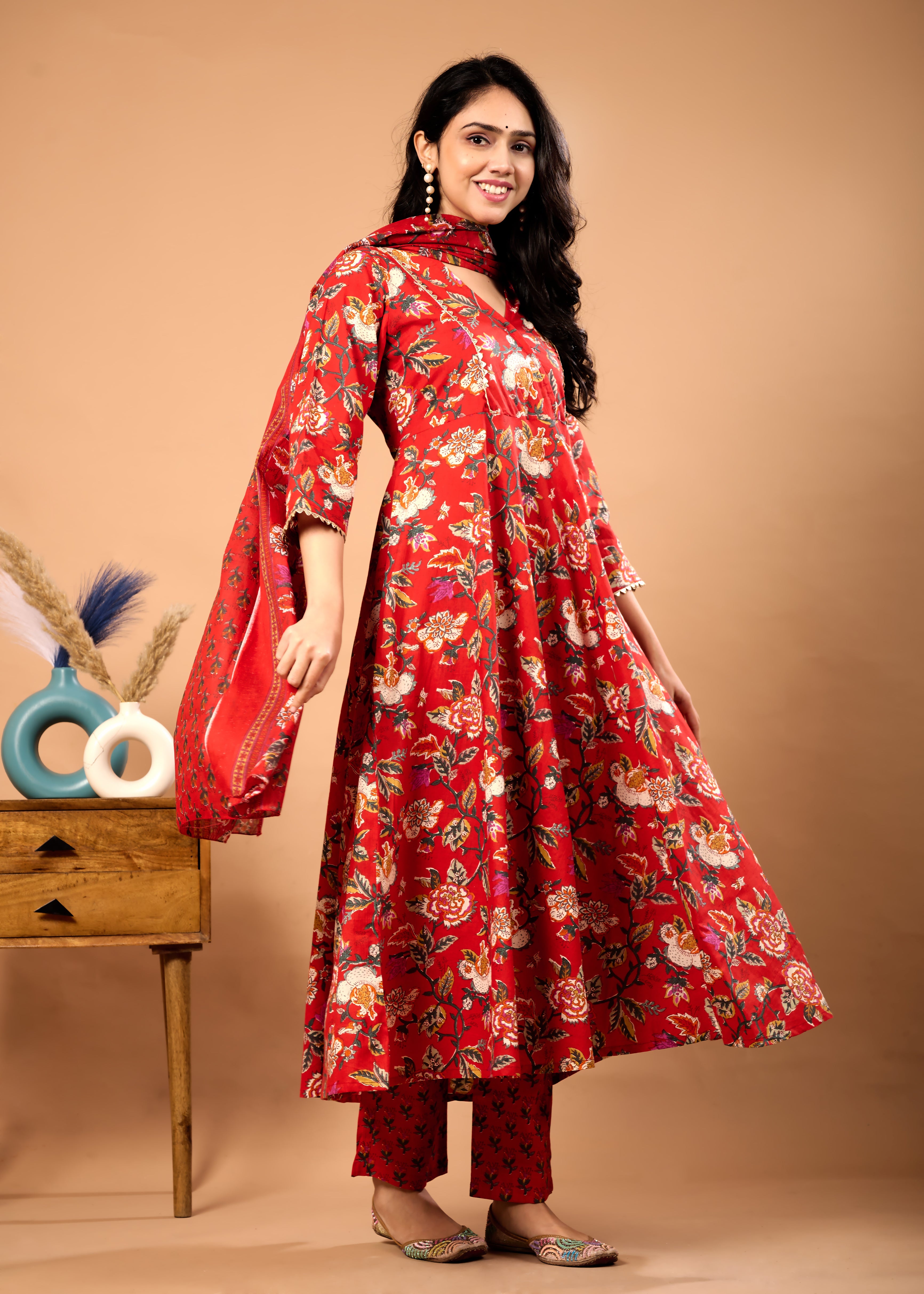 Raya Red Hand Crafted Floral Cotton Suit Set