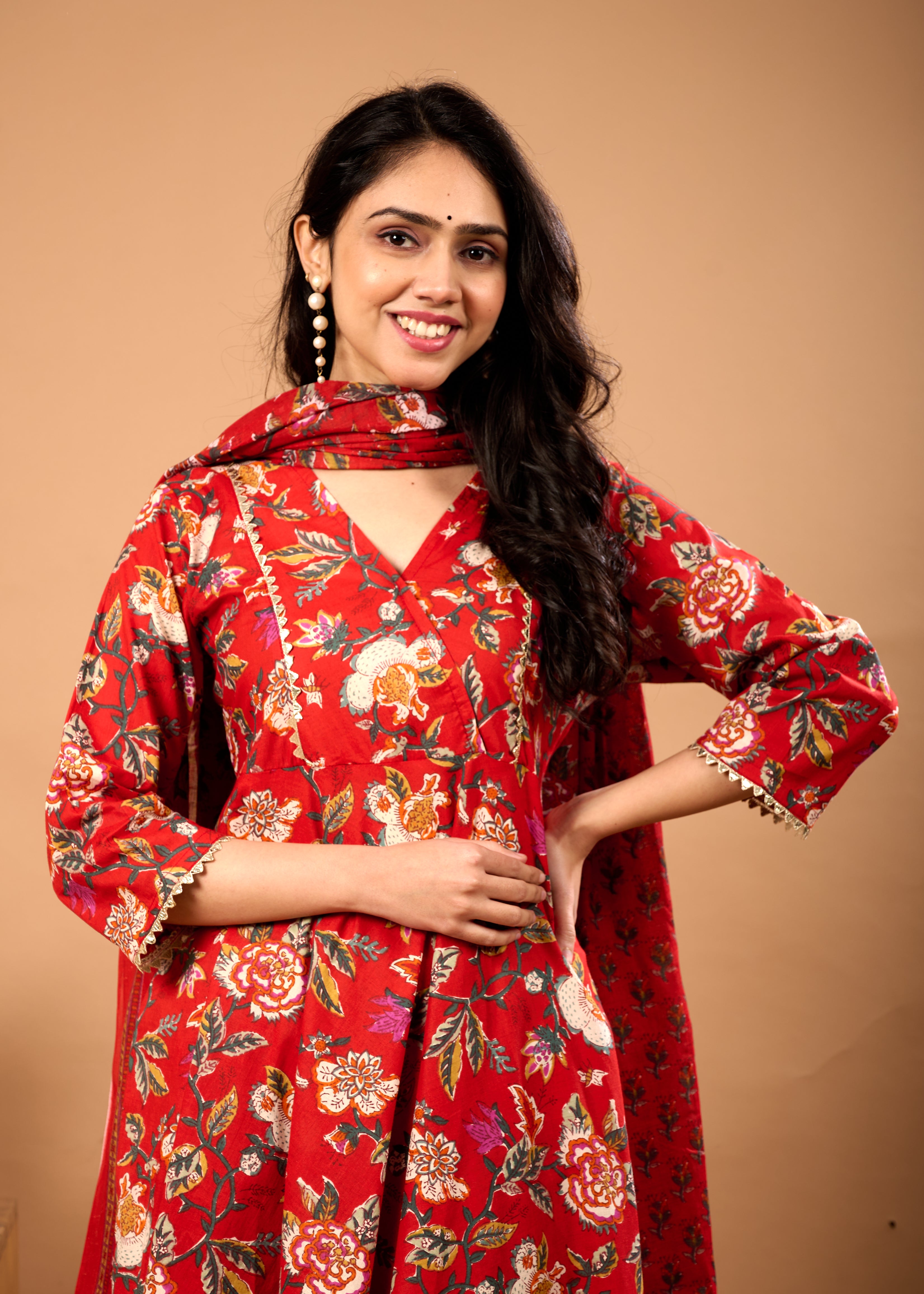 Raya Red Hand Crafted Floral Cotton Suit Set