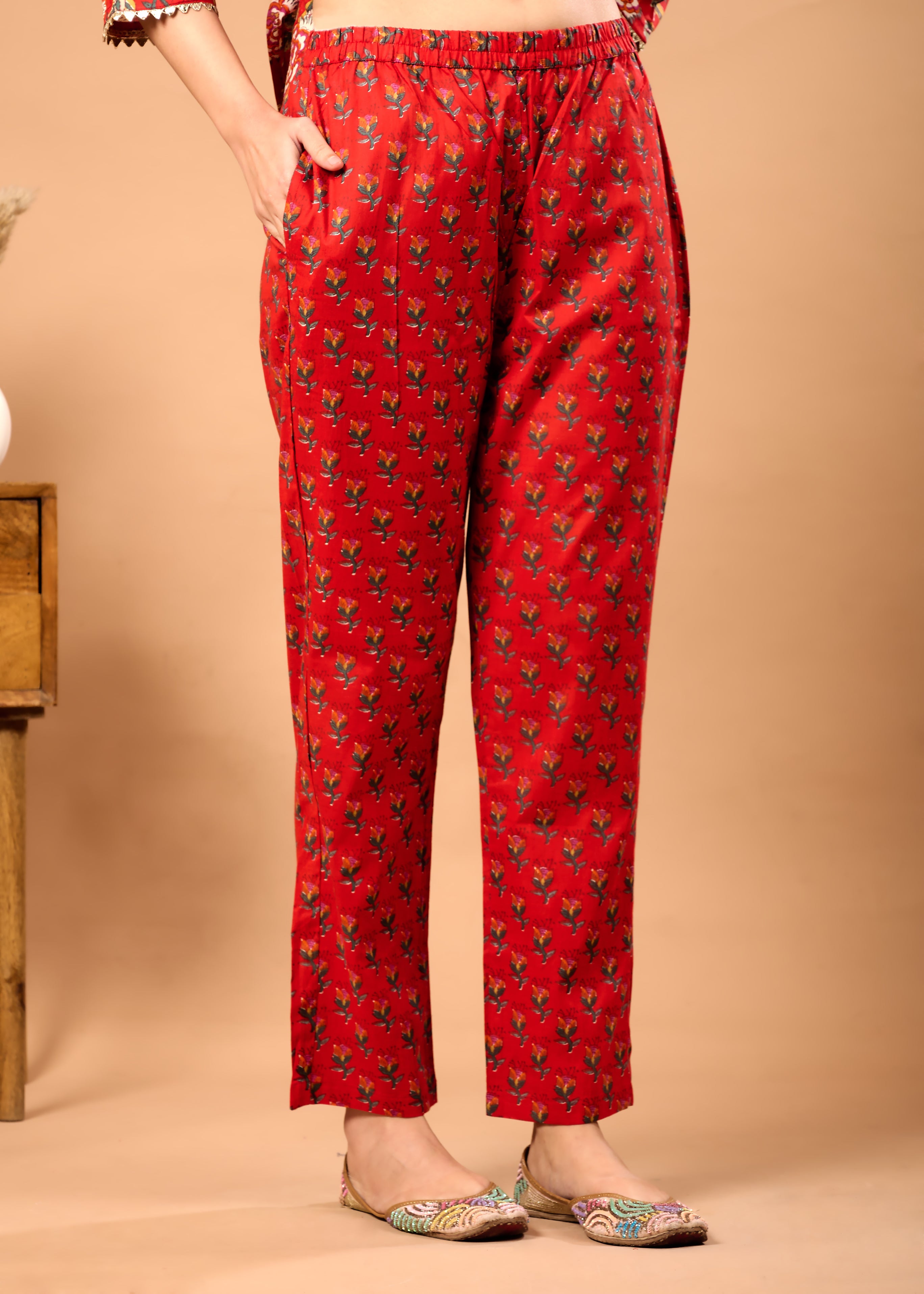 Raya Red Hand Crafted Floral Cotton Suit Set