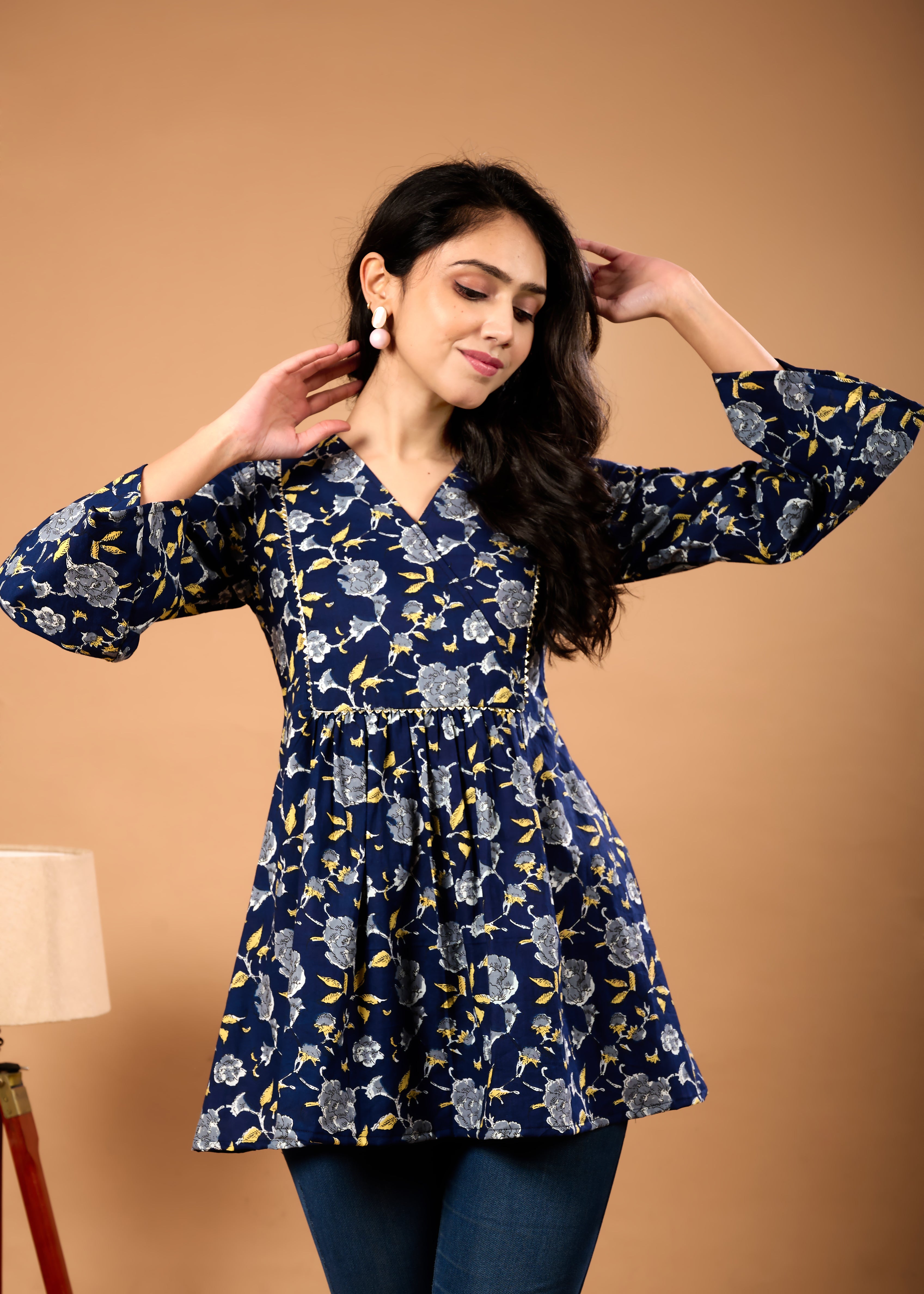 ZOHA BLUE HAND CRAFTED COTTON PEPLUM TOP