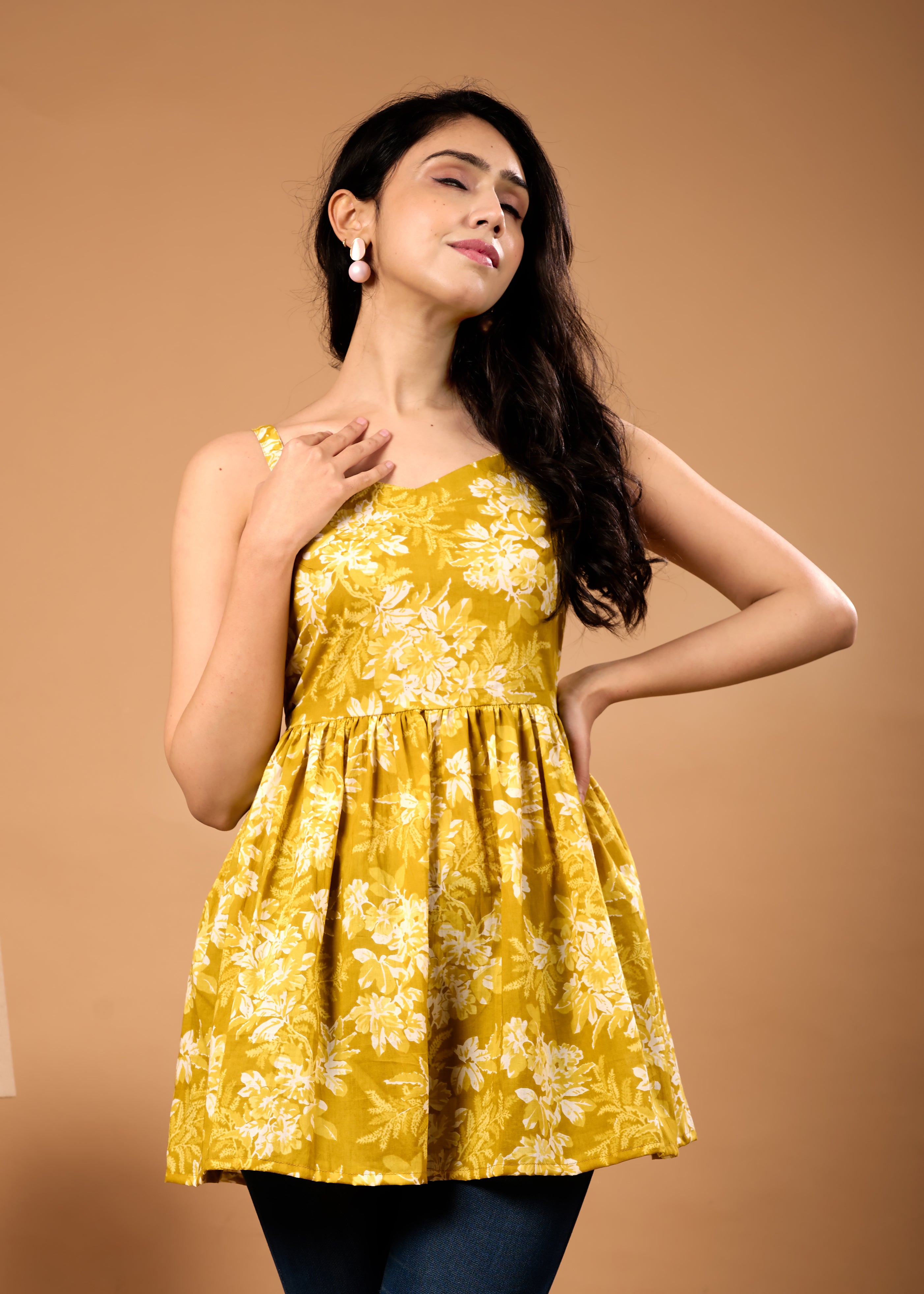 MYSHA MUSTARD HAND CRAFTED COTTON PEPLUM TOP