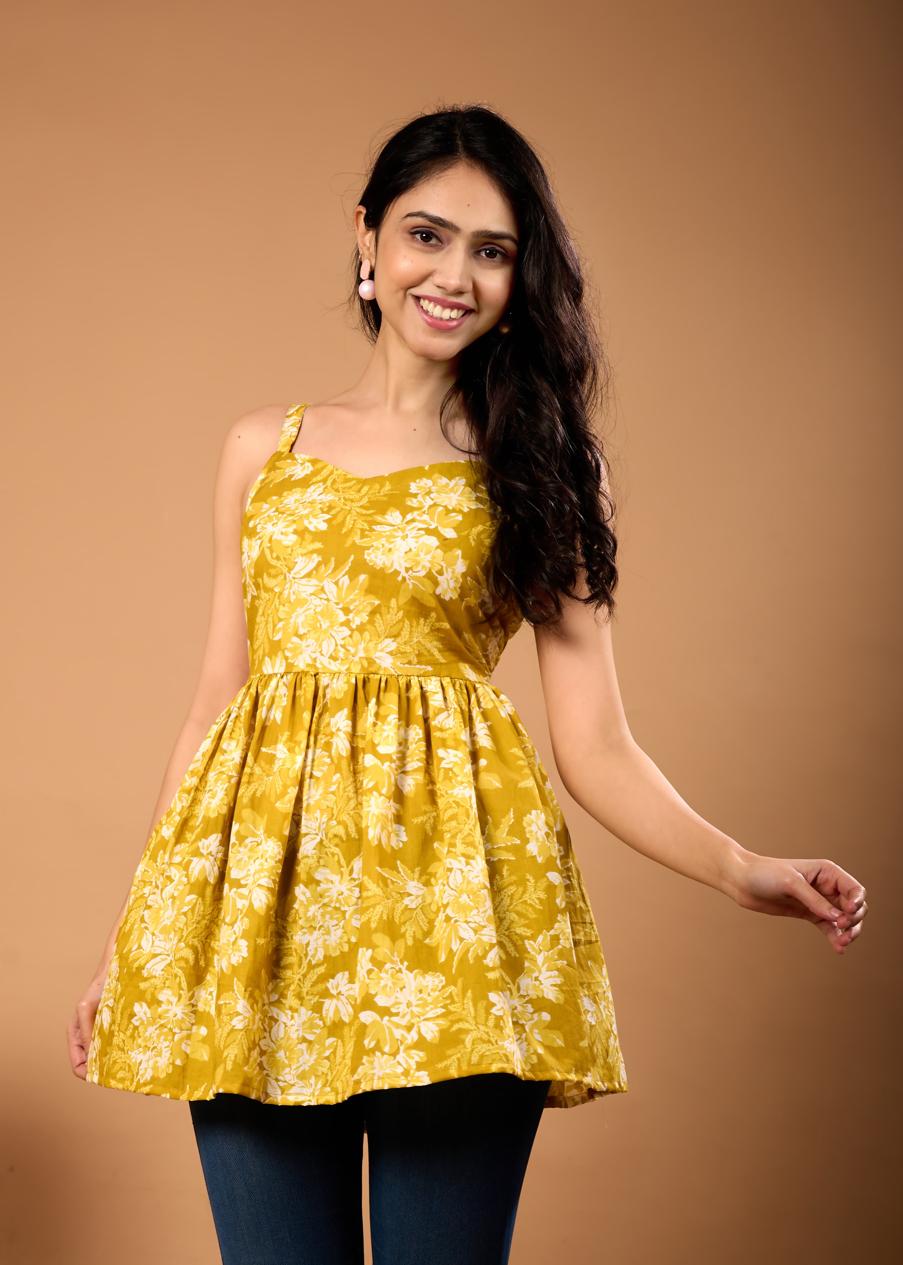 MYSHA MUSTARD HAND CRAFTED COTTON PEPLUM TOP