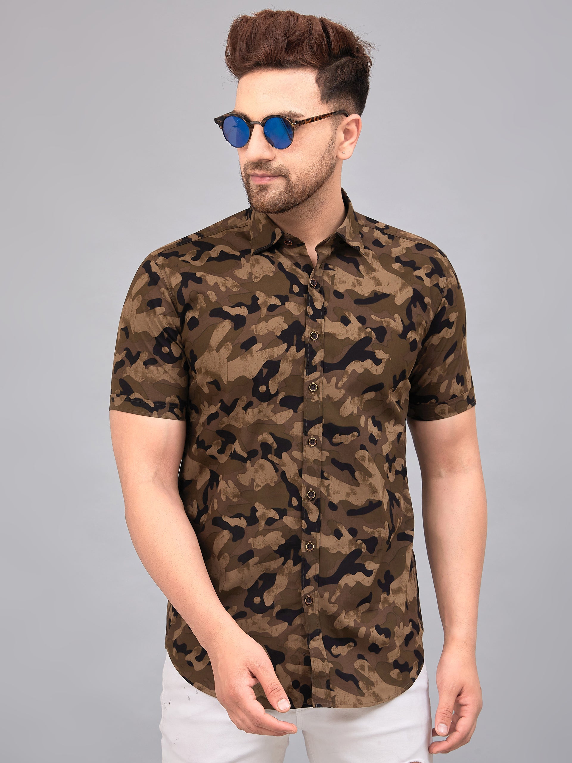 Louis Monarch's Men Regular Fit Brown Printed Spread Collar Casual Half Shirt