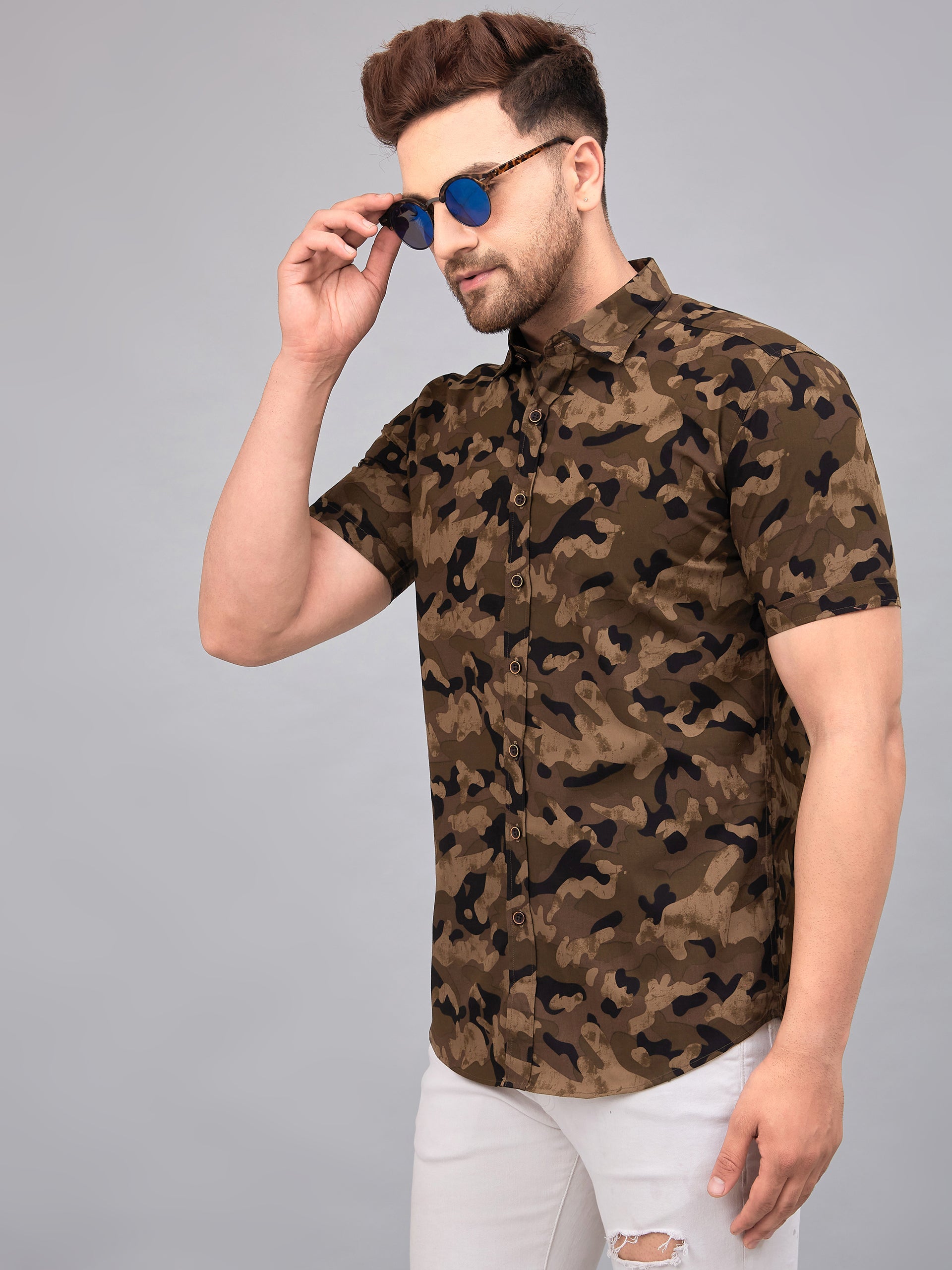 Louis Monarch's Men Regular Fit Brown Printed Spread Collar Casual Half Shirt