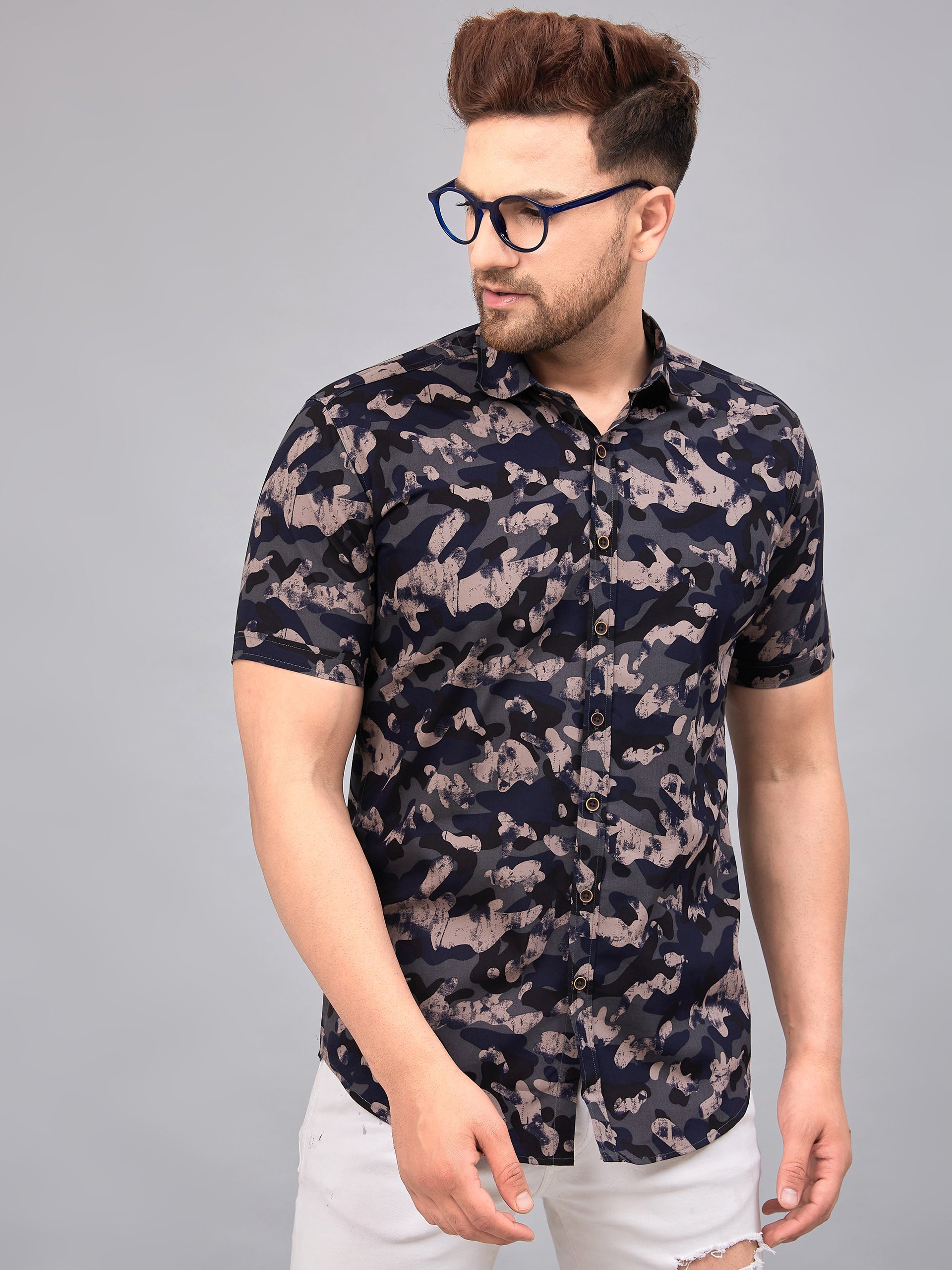 Louis Monarch's Men Regular Fit Grey Printed Spread Collar Casual Half Shirt