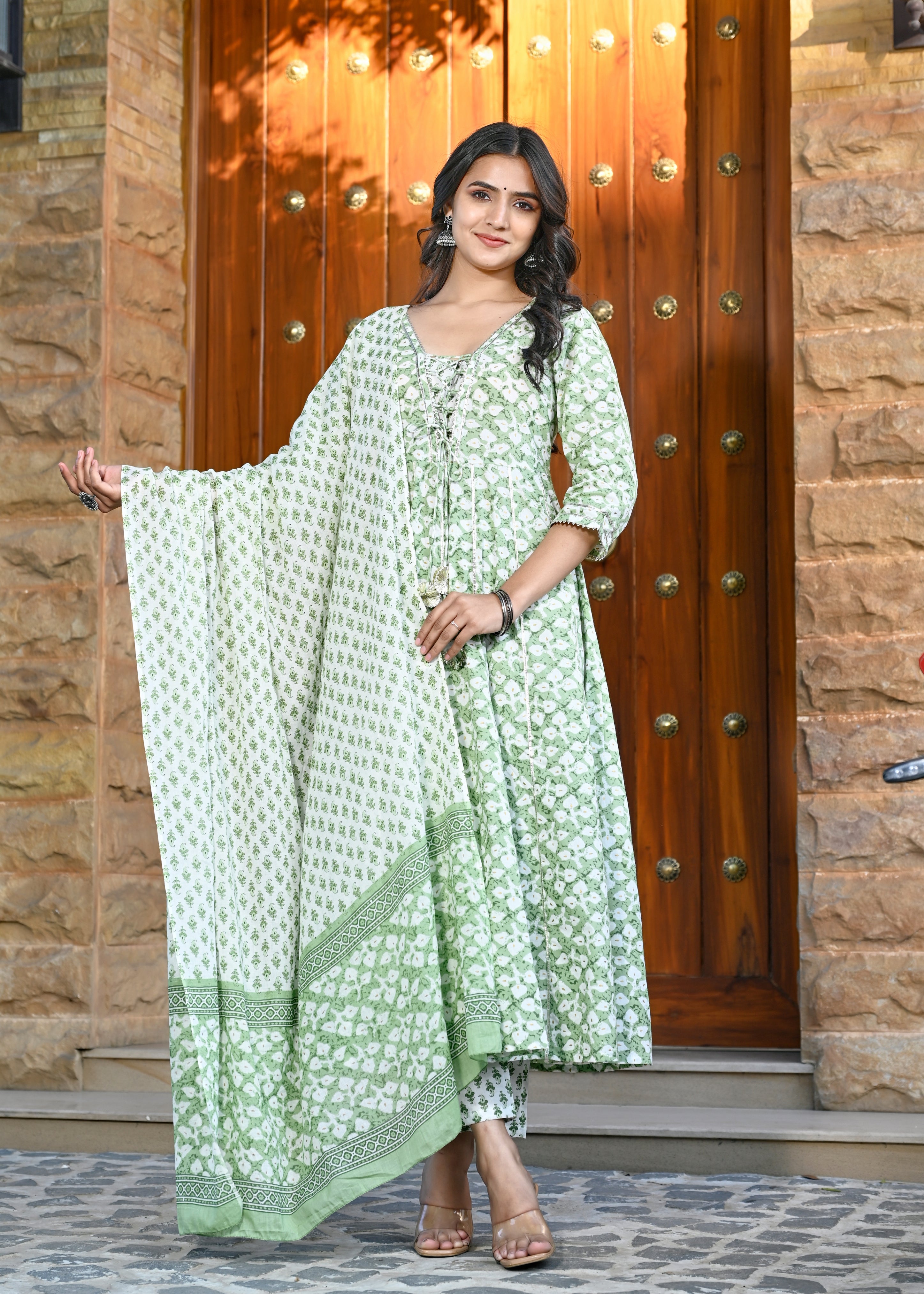 INFINITY GREEN HAND CRAFTED COTTON KALIDAR SUIT SET