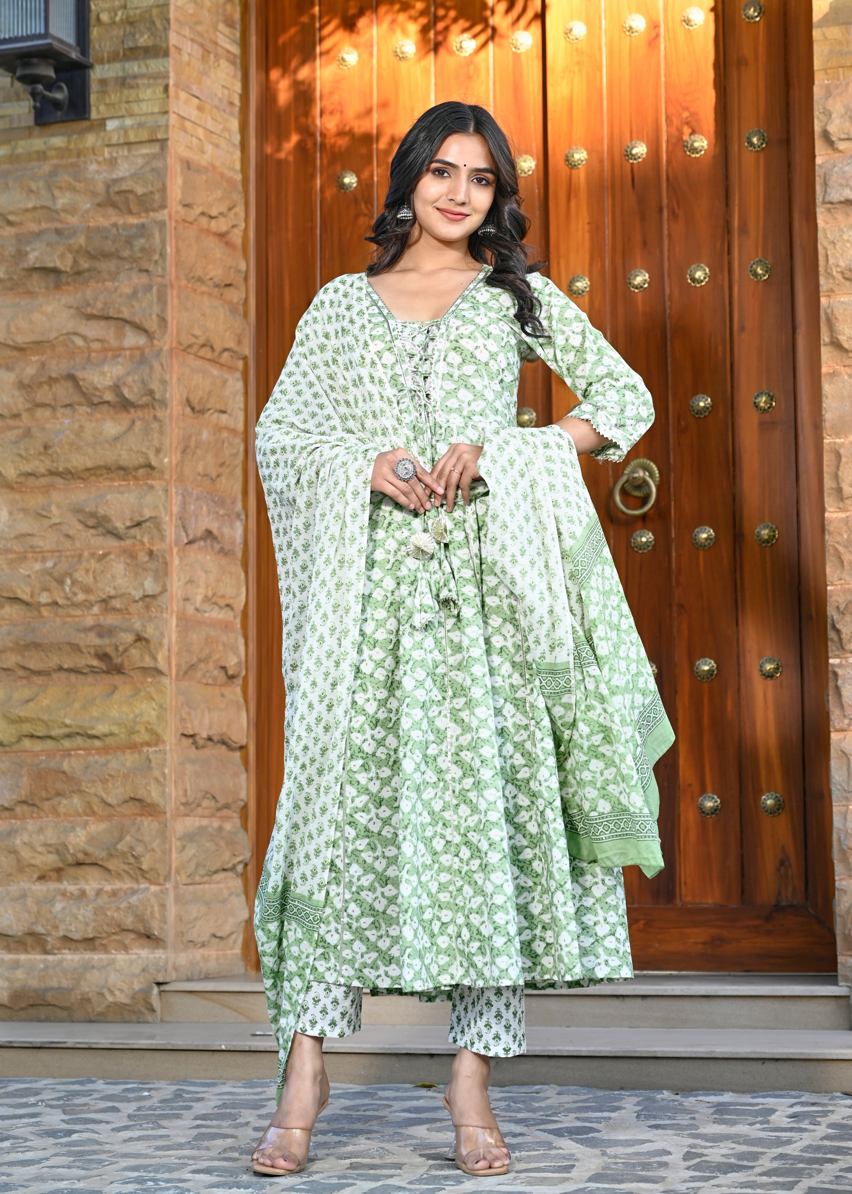 INFINITY GREEN HAND CRAFTED COTTON KALIDAR SUIT SET