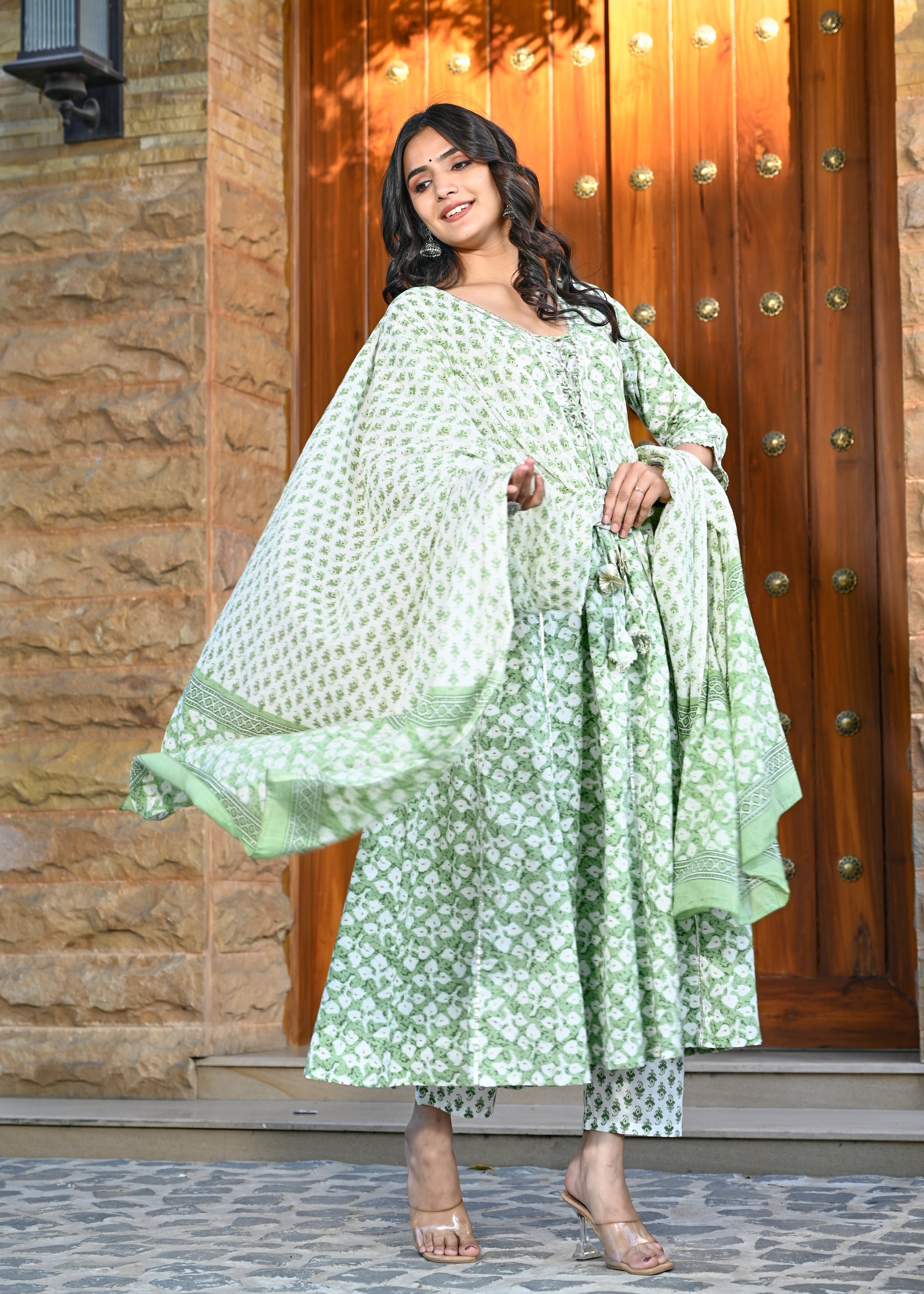 INFINITY GREEN HAND CRAFTED COTTON KALIDAR SUIT SET